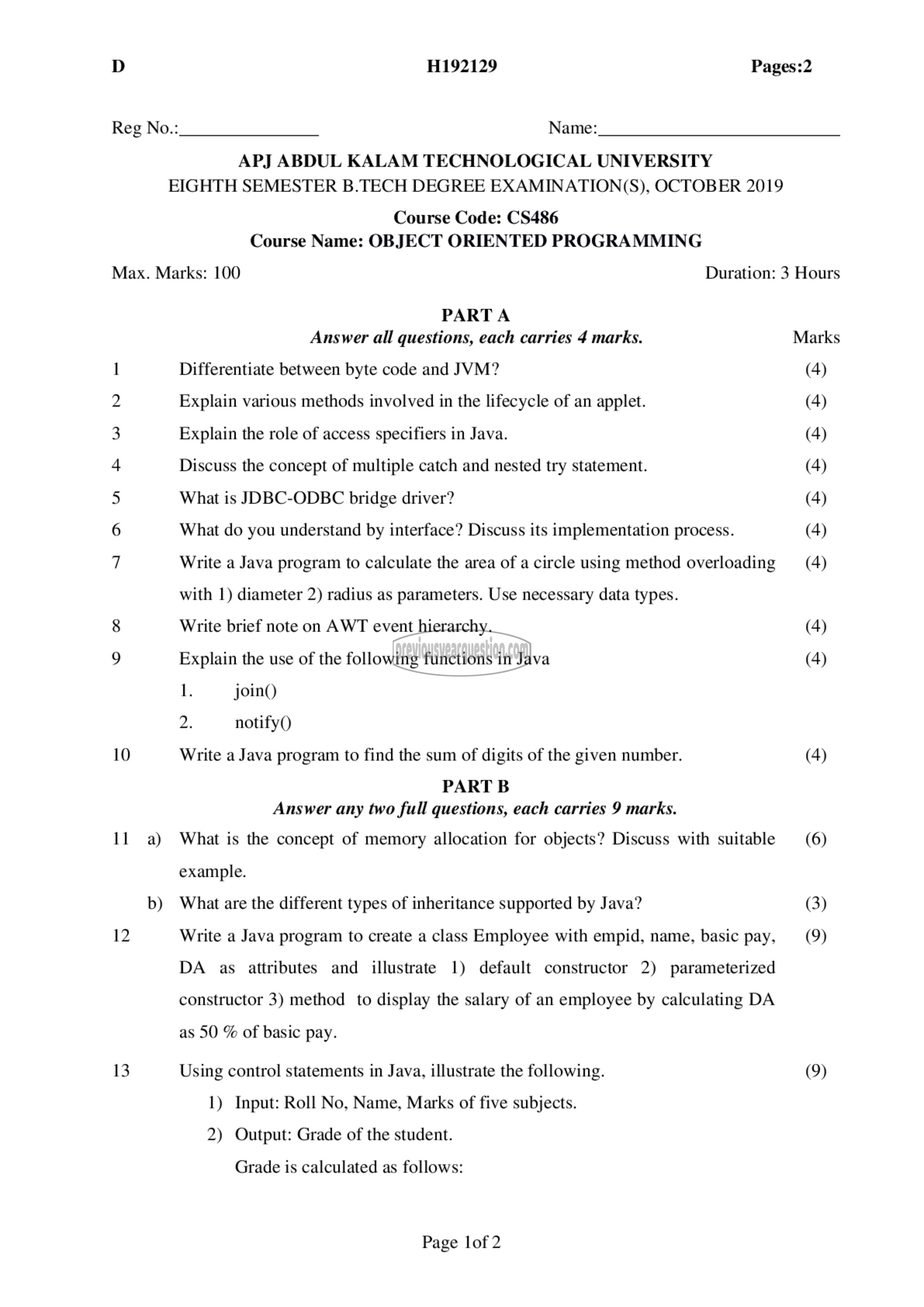 Question Paper - OBJECT ORIENTED PROGRAMMING-1