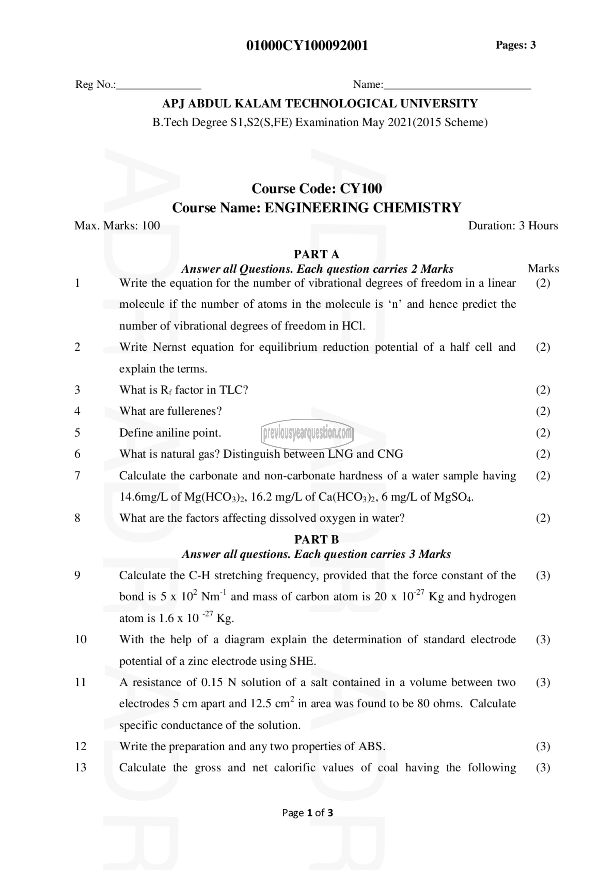 Question Paper - ENGINEERING CHEMISTRY-1