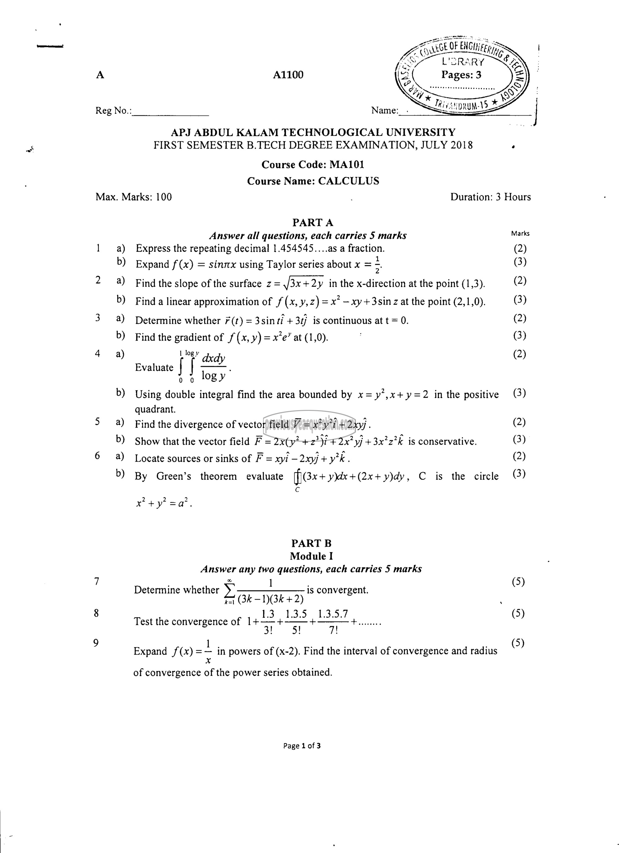 Question Paper - CALCULUS-1