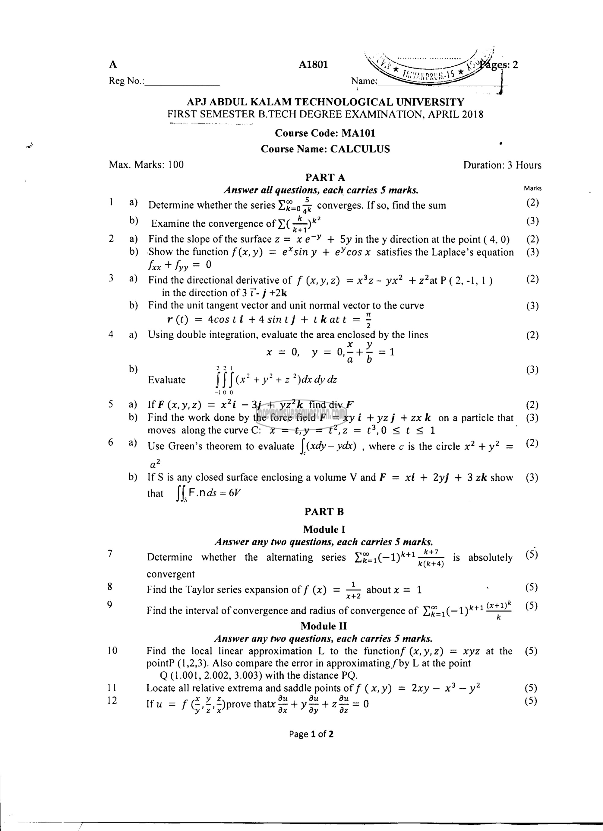 Question Paper - CALCULUS-1