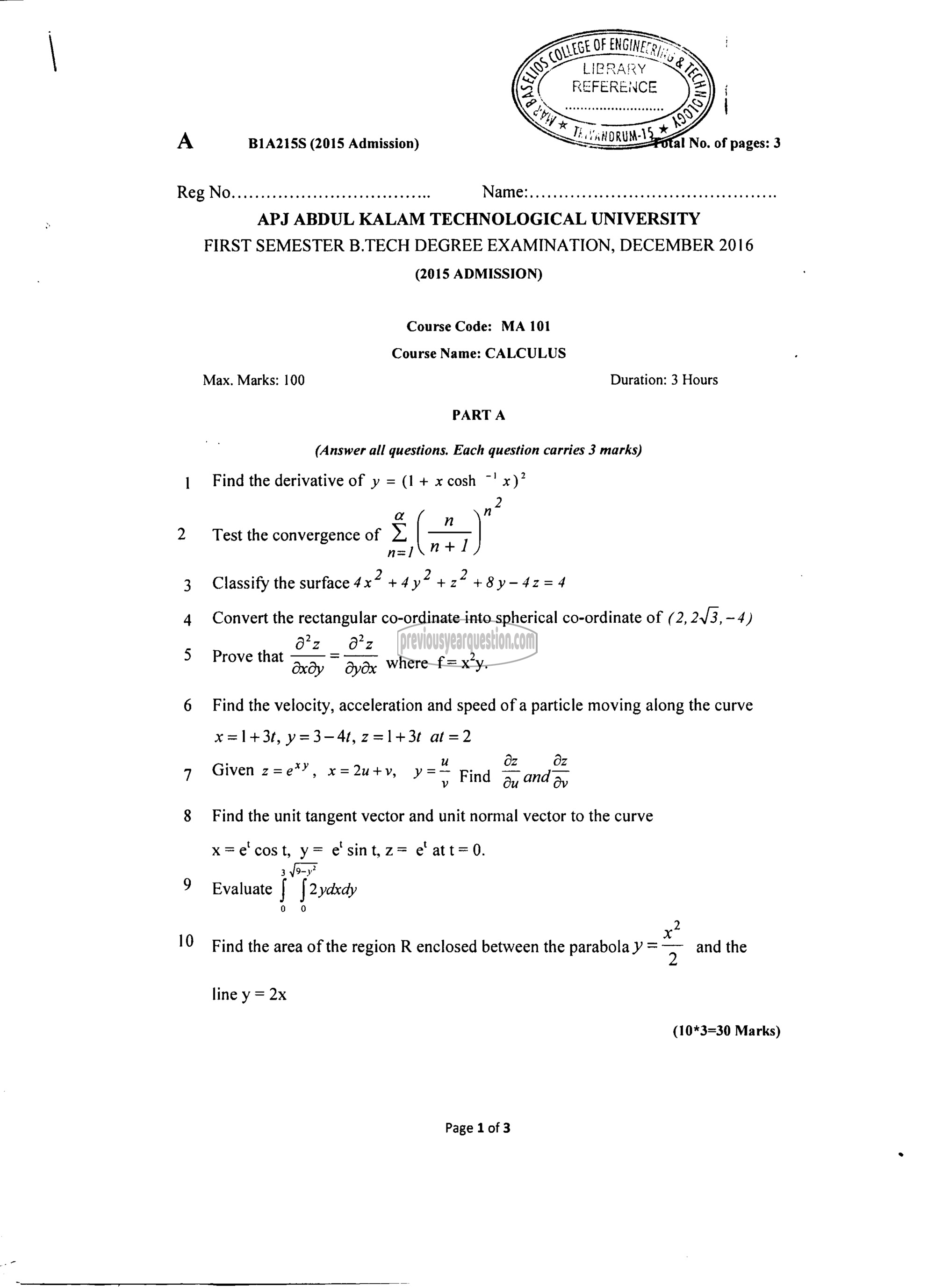 Question Paper - CALCULUS-1