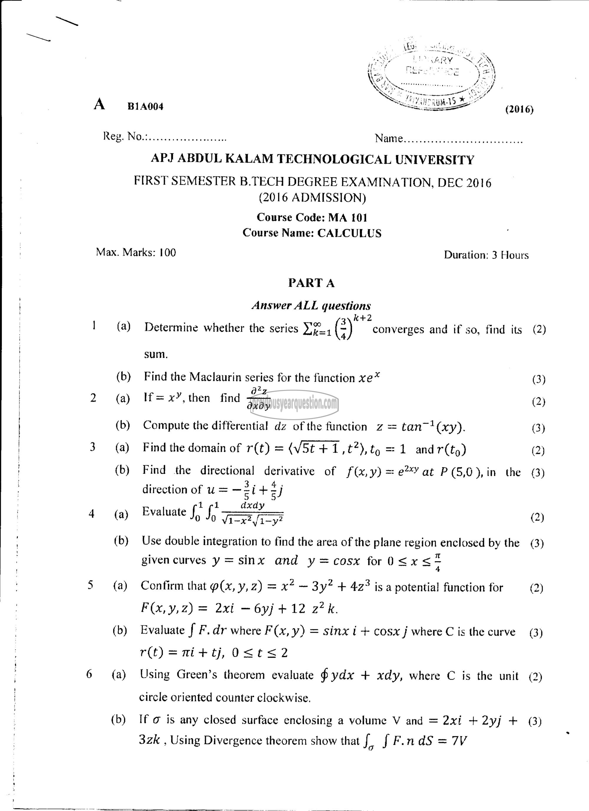 Question Paper - CALCULUS-1