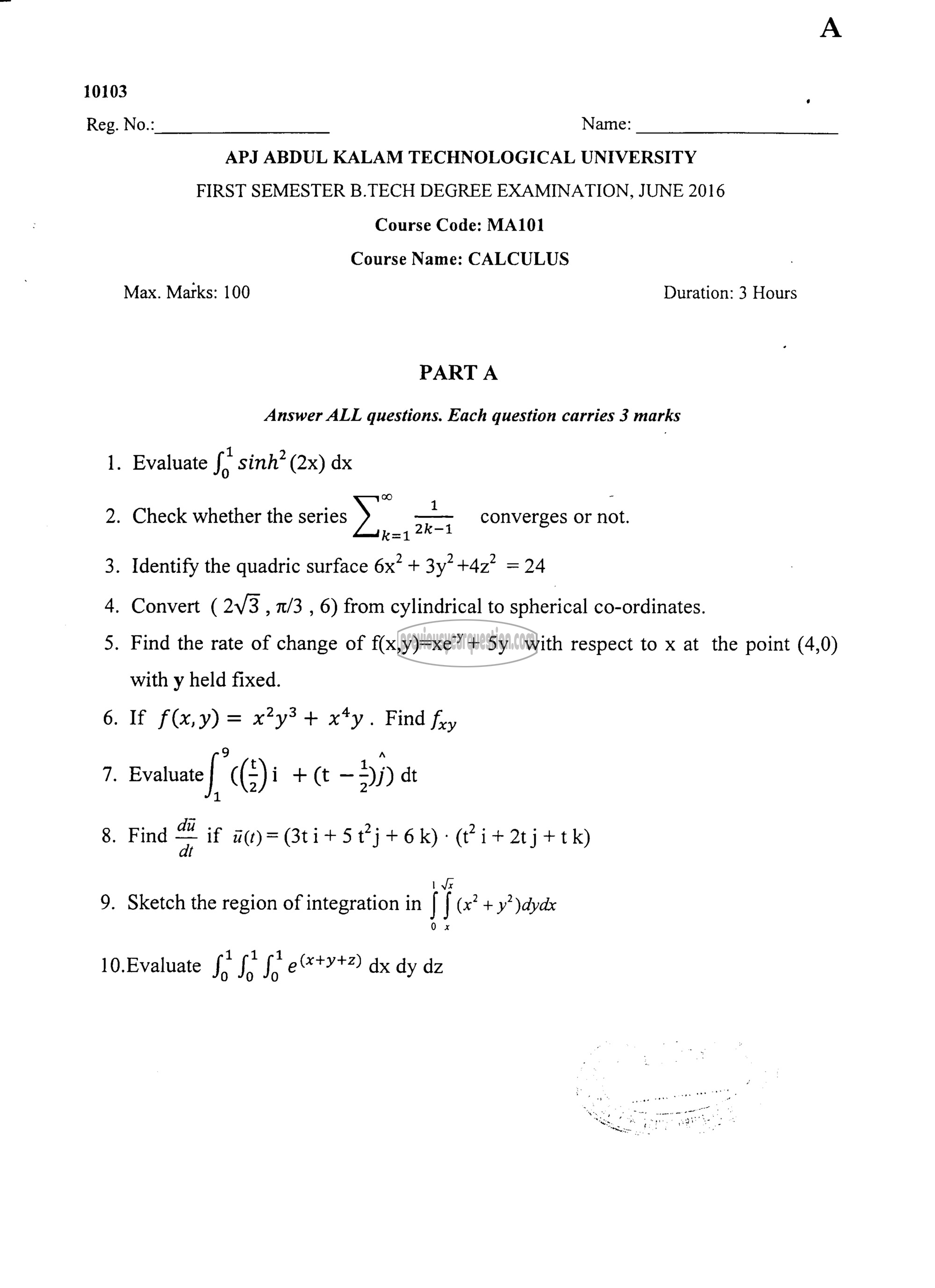 Question Paper - CALCULUS-1