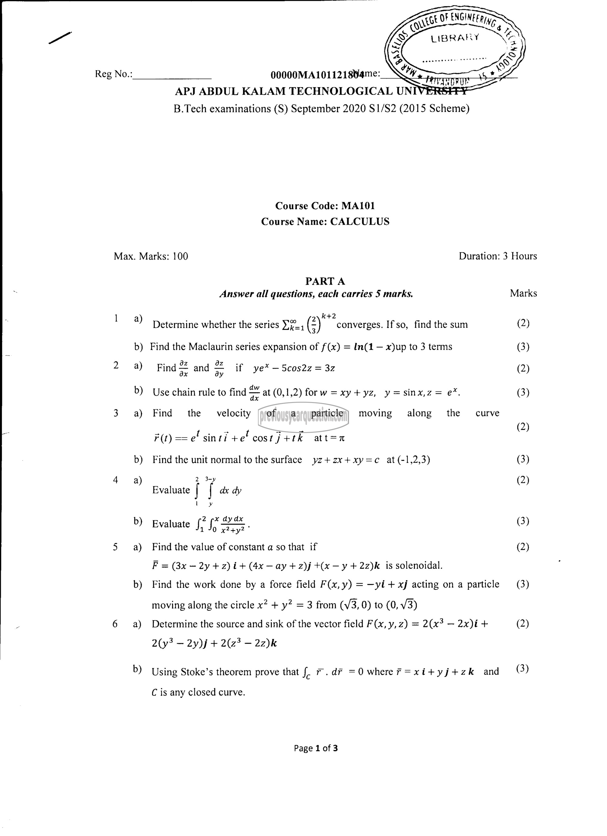 Question Paper - CALCULUS-1