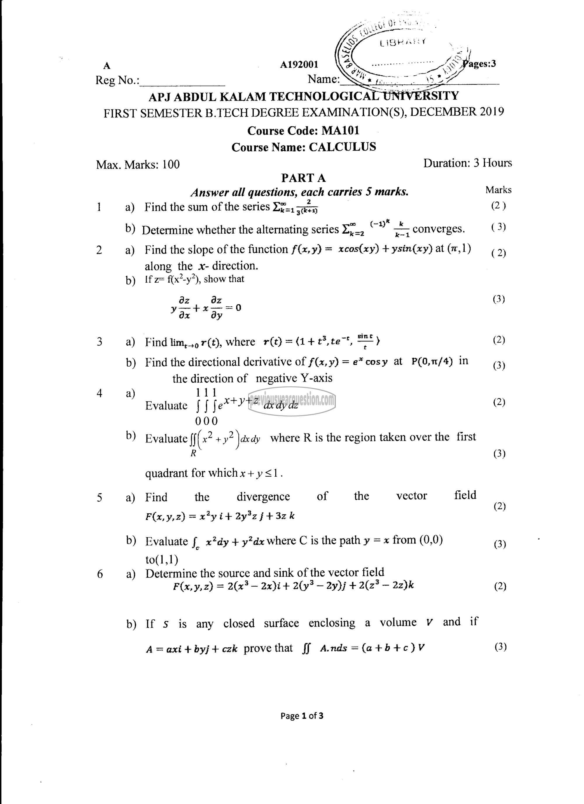 Question Paper - CALCULUS-1