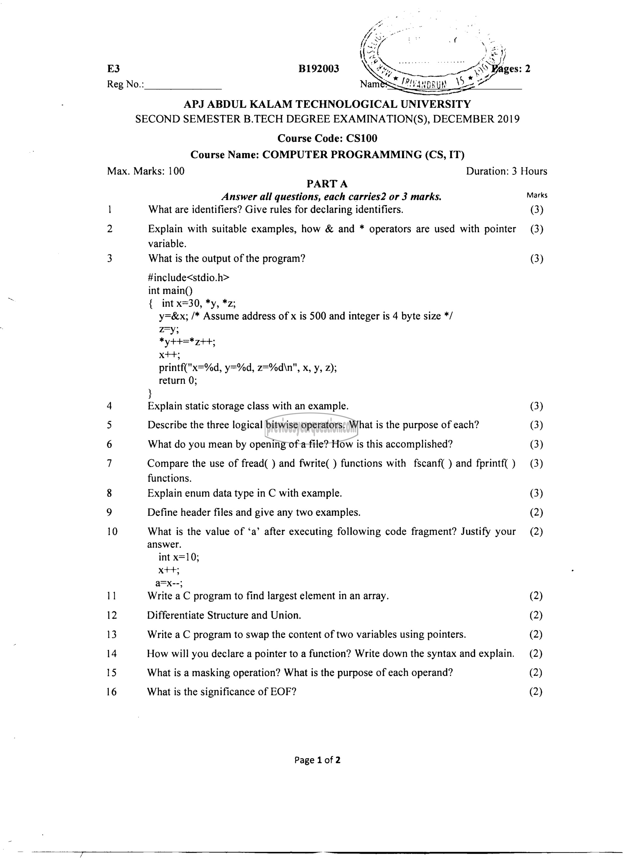 Question Paper - Computer Programming-1