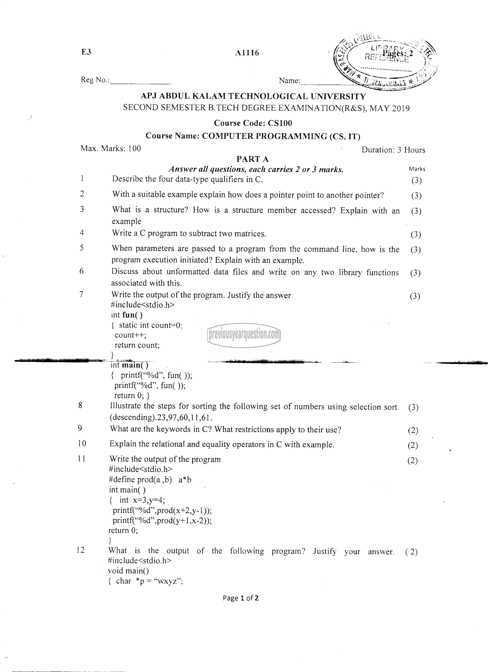 Question Paper - Computer Programming-1