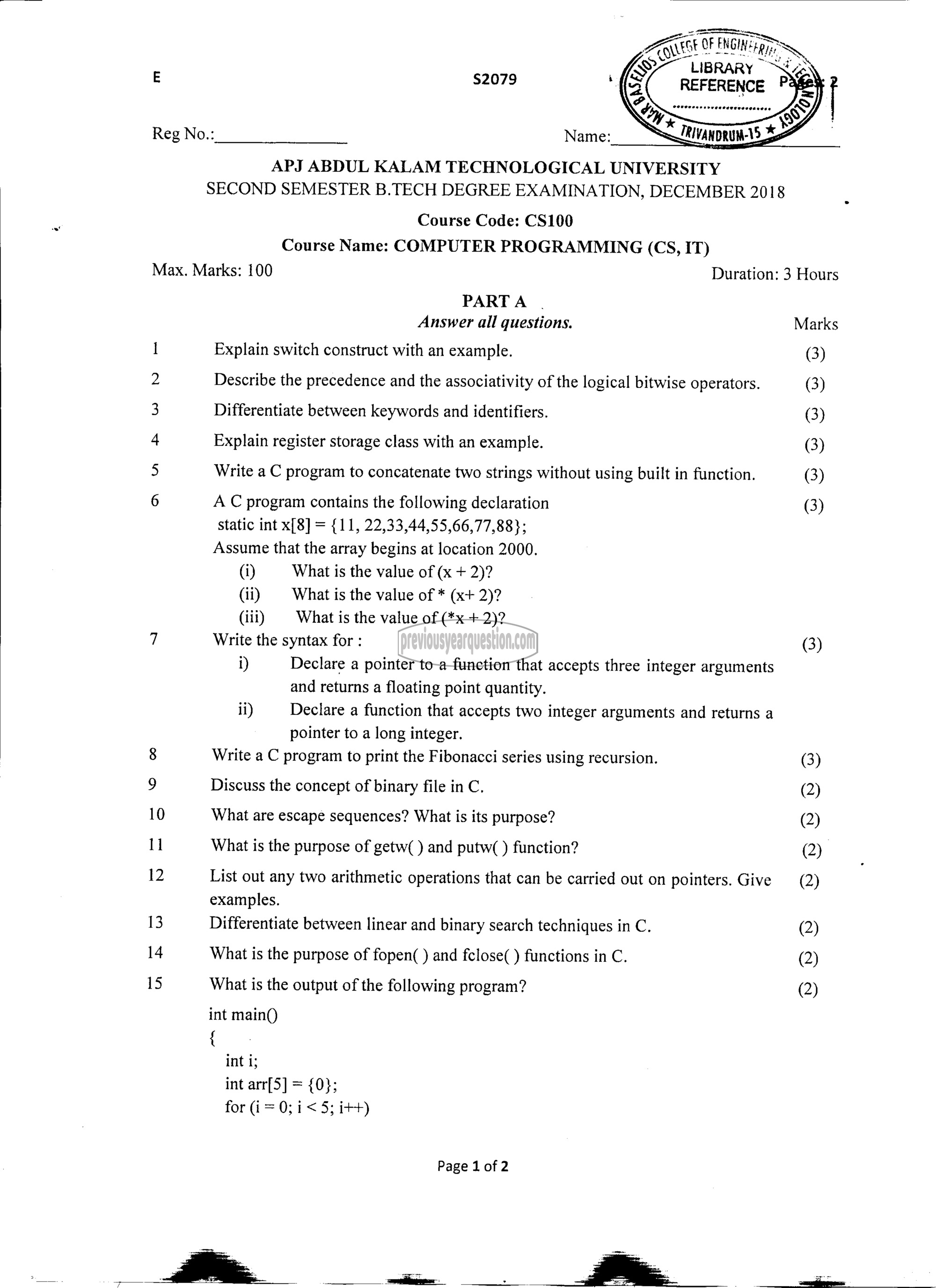 Question Paper - Computer Programming-1