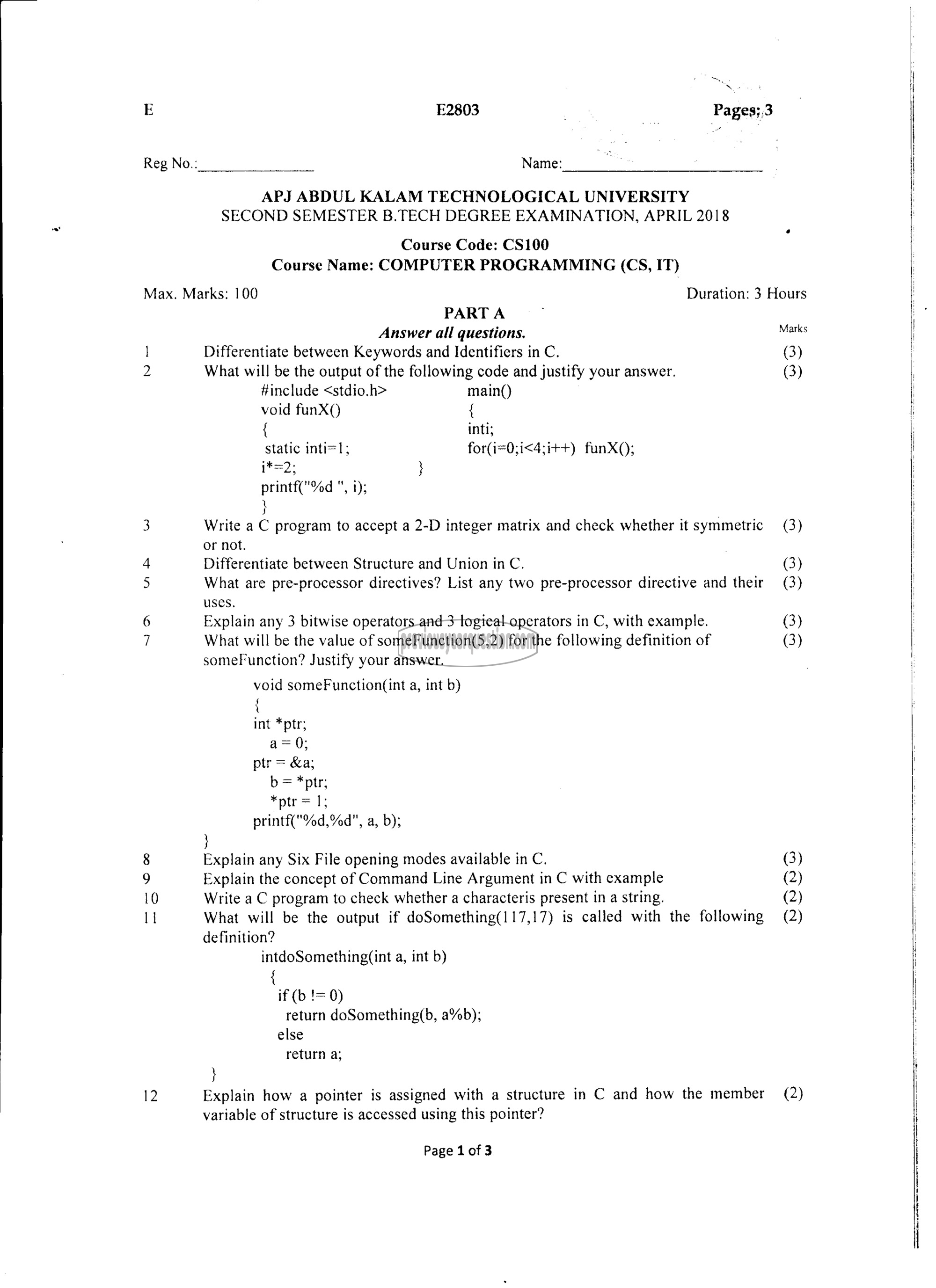 Question Paper - Computer Programming-1