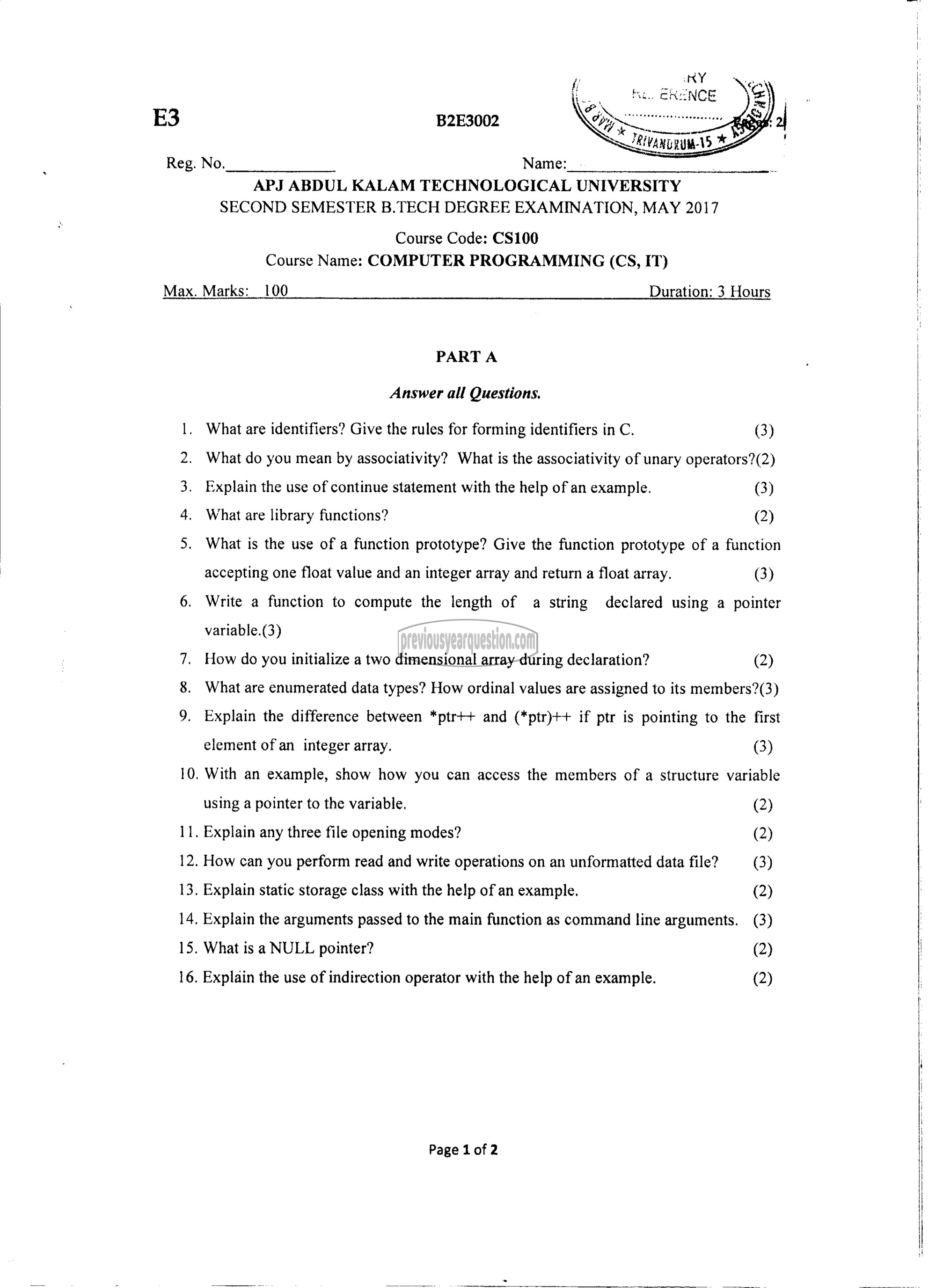 Question Paper - Computer Programming-1