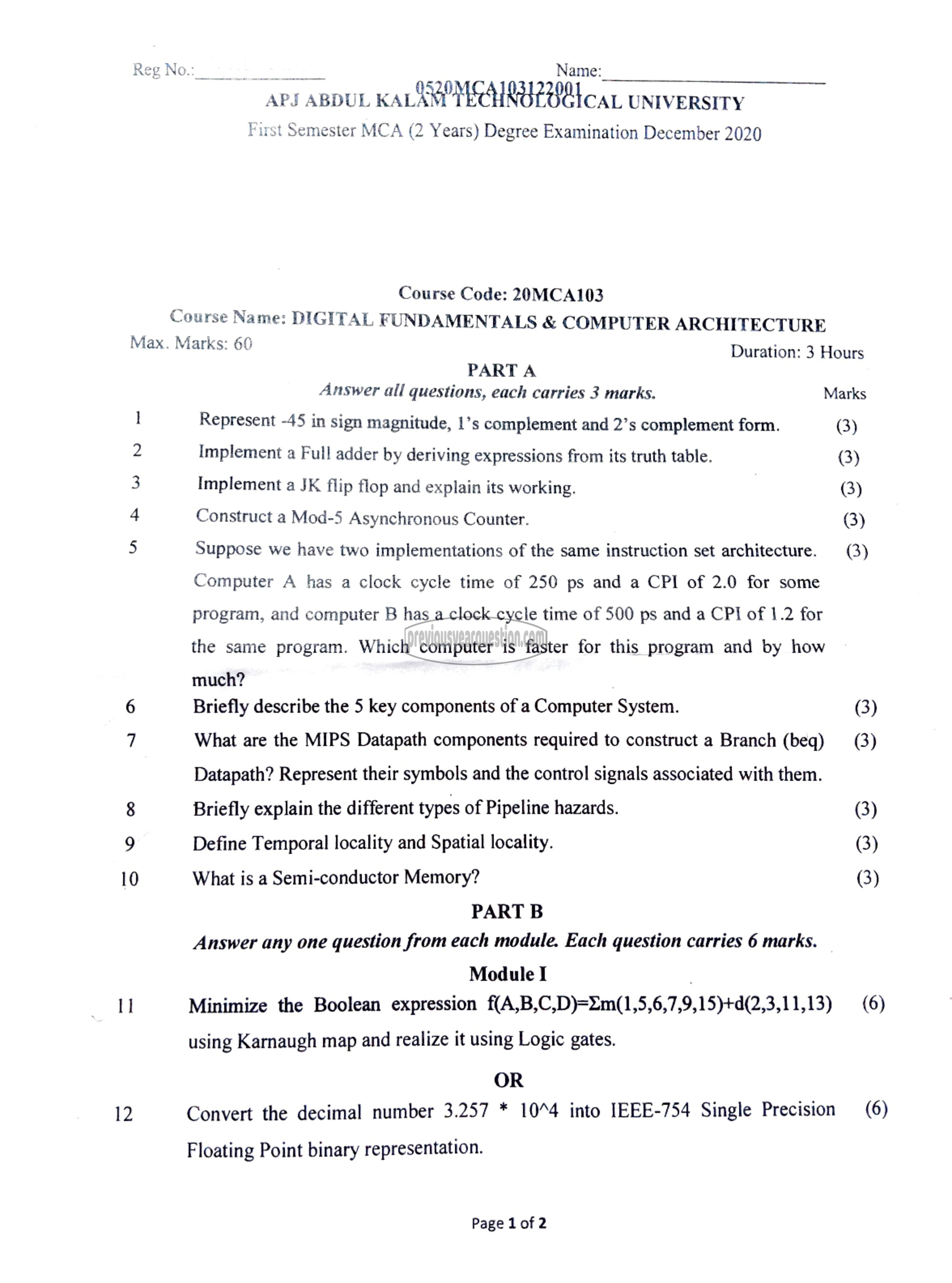 Question Paper - Digital Fundamentals & Computer Architecture-1