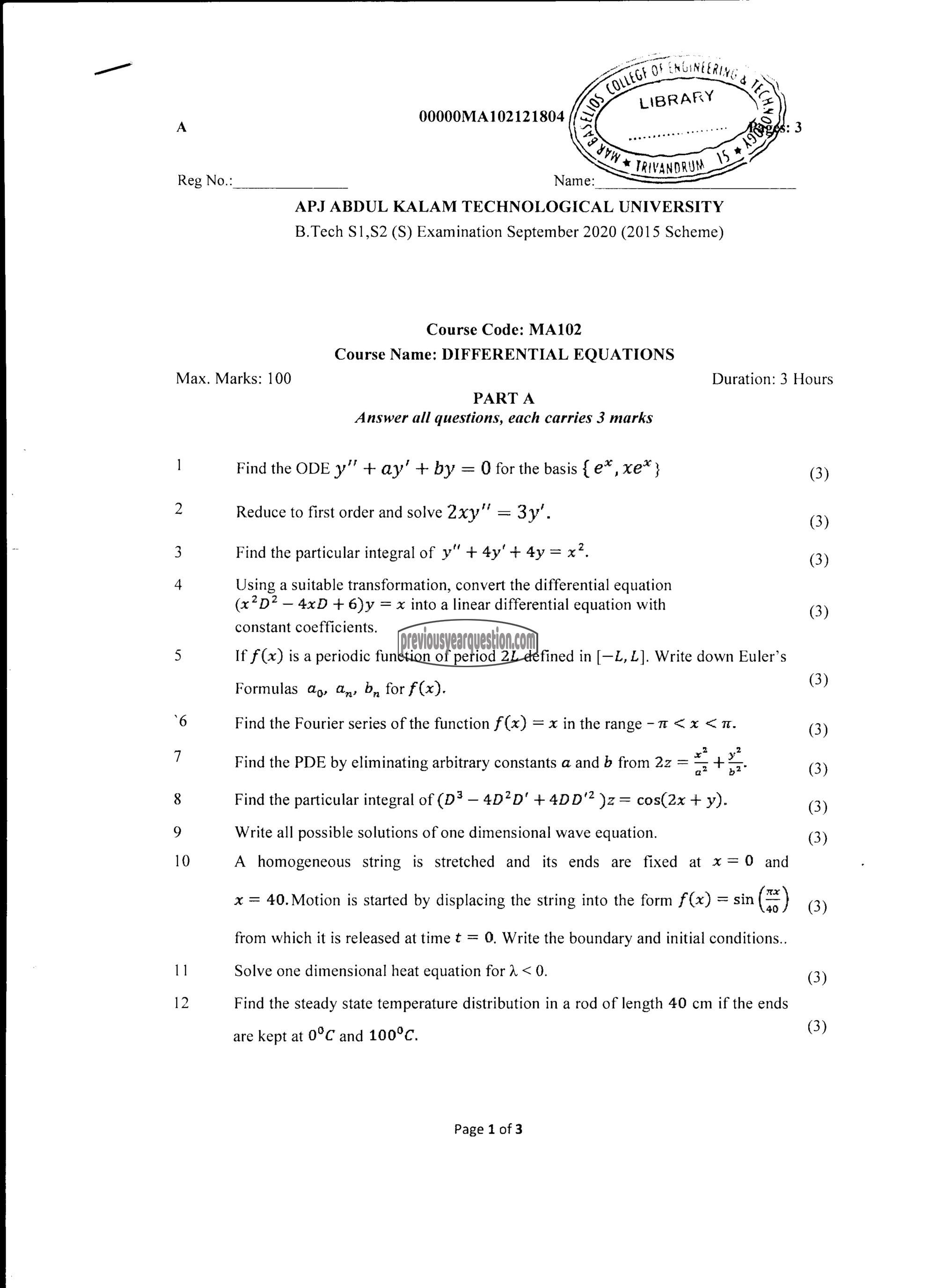 Question Paper - DIFFERENTIAL EQUATIONS-1