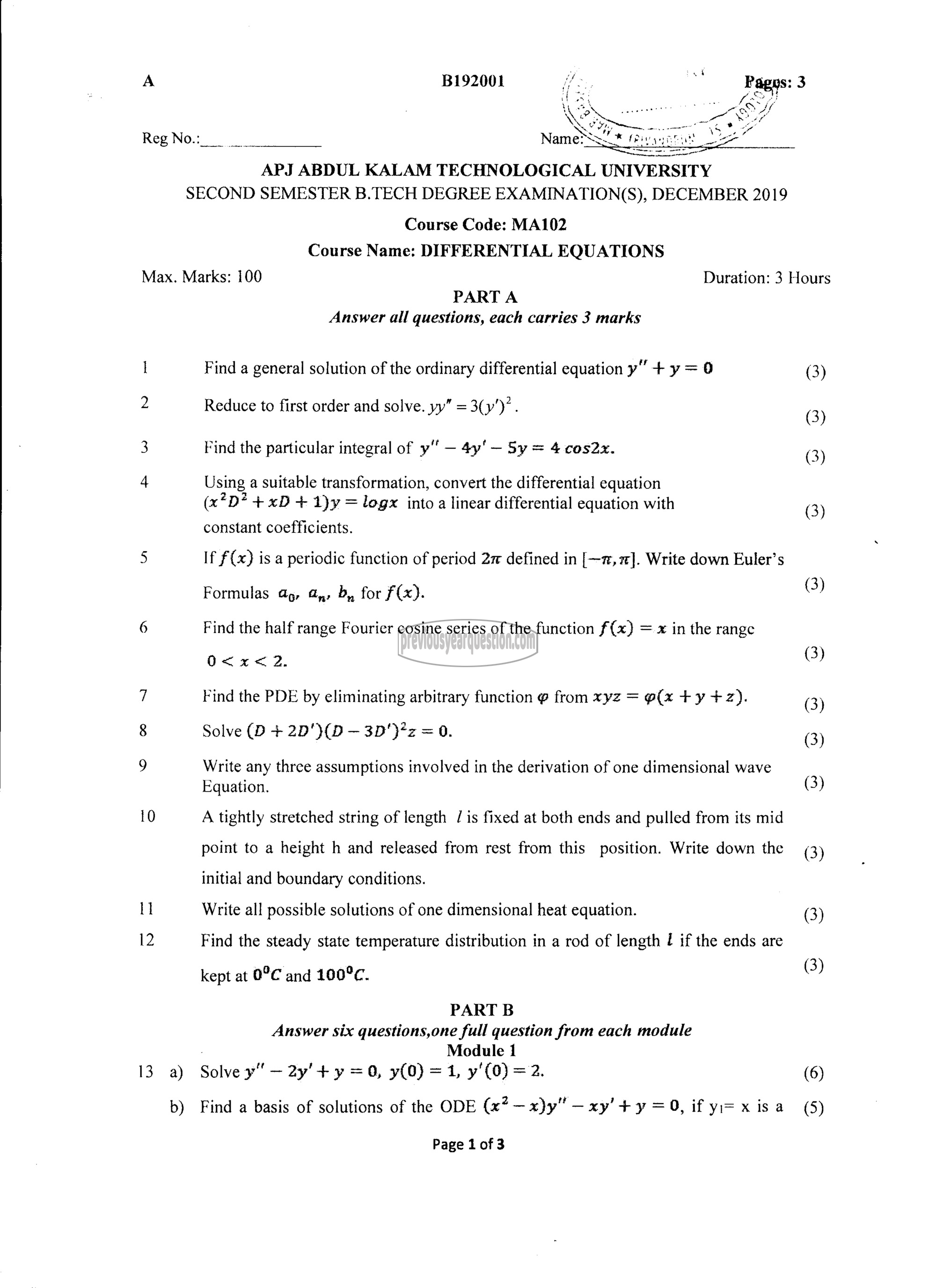 Question Paper - DIFFERENTIAL EQUATIONS-1