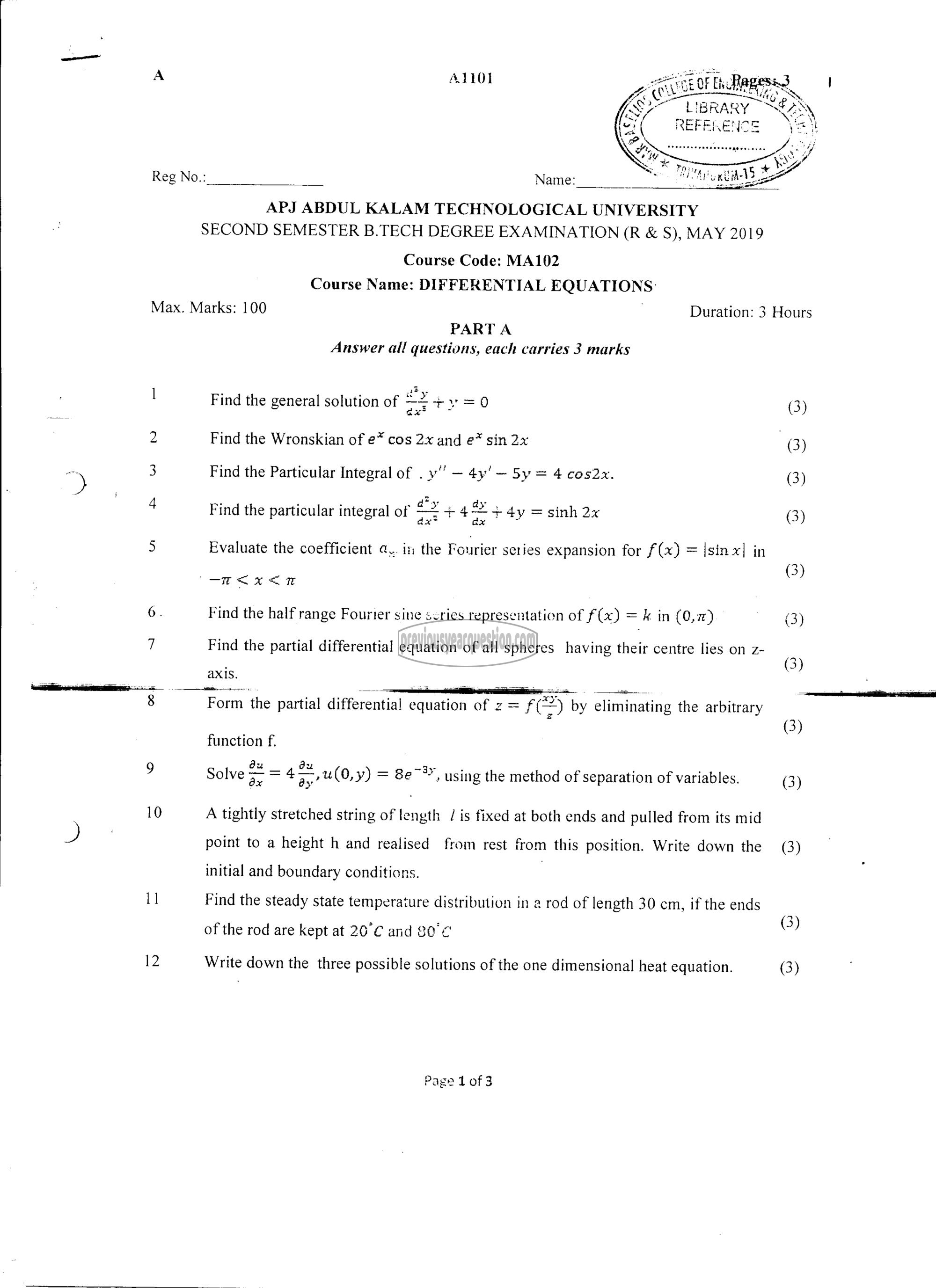 Question Paper - DIFFERENTIAL EQUATIONS-1