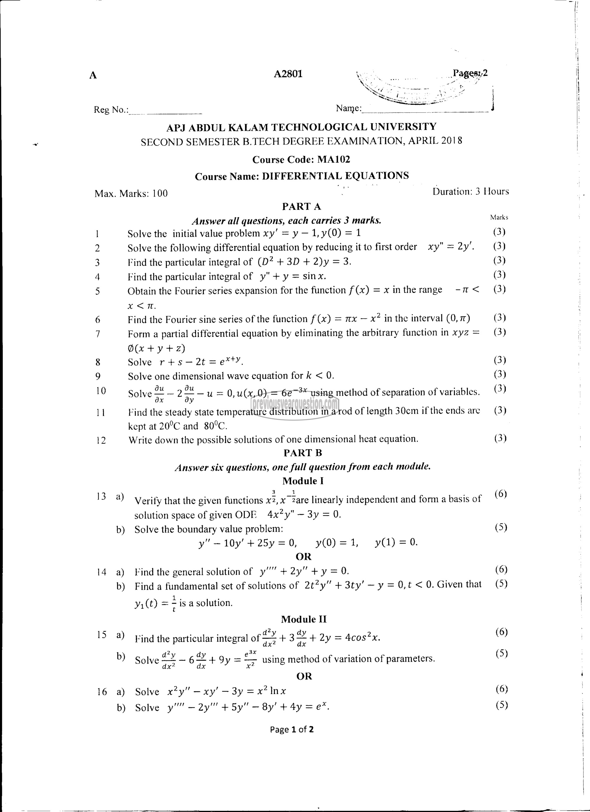 Question Paper - DIFFERENTIAL EQUATIONS-1