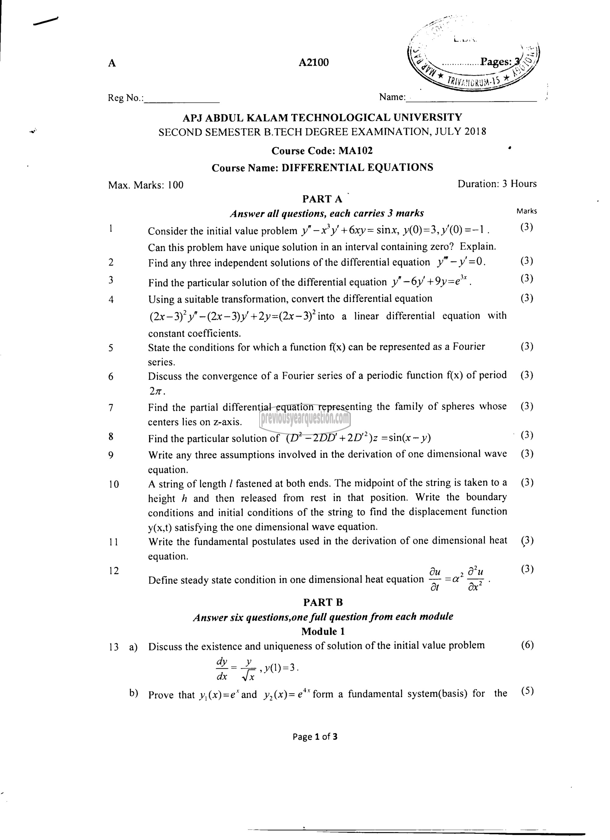 Question Paper - DIFFERENTIAL EQUATIONS-1