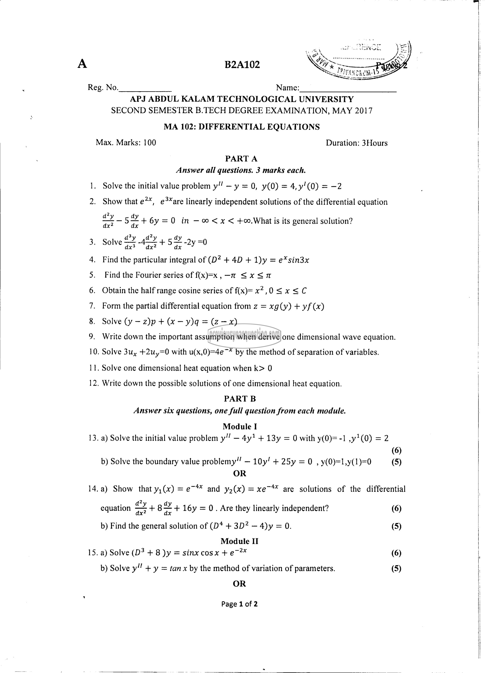 Question Paper - DIFFERENTIAL EQUATIONS-1