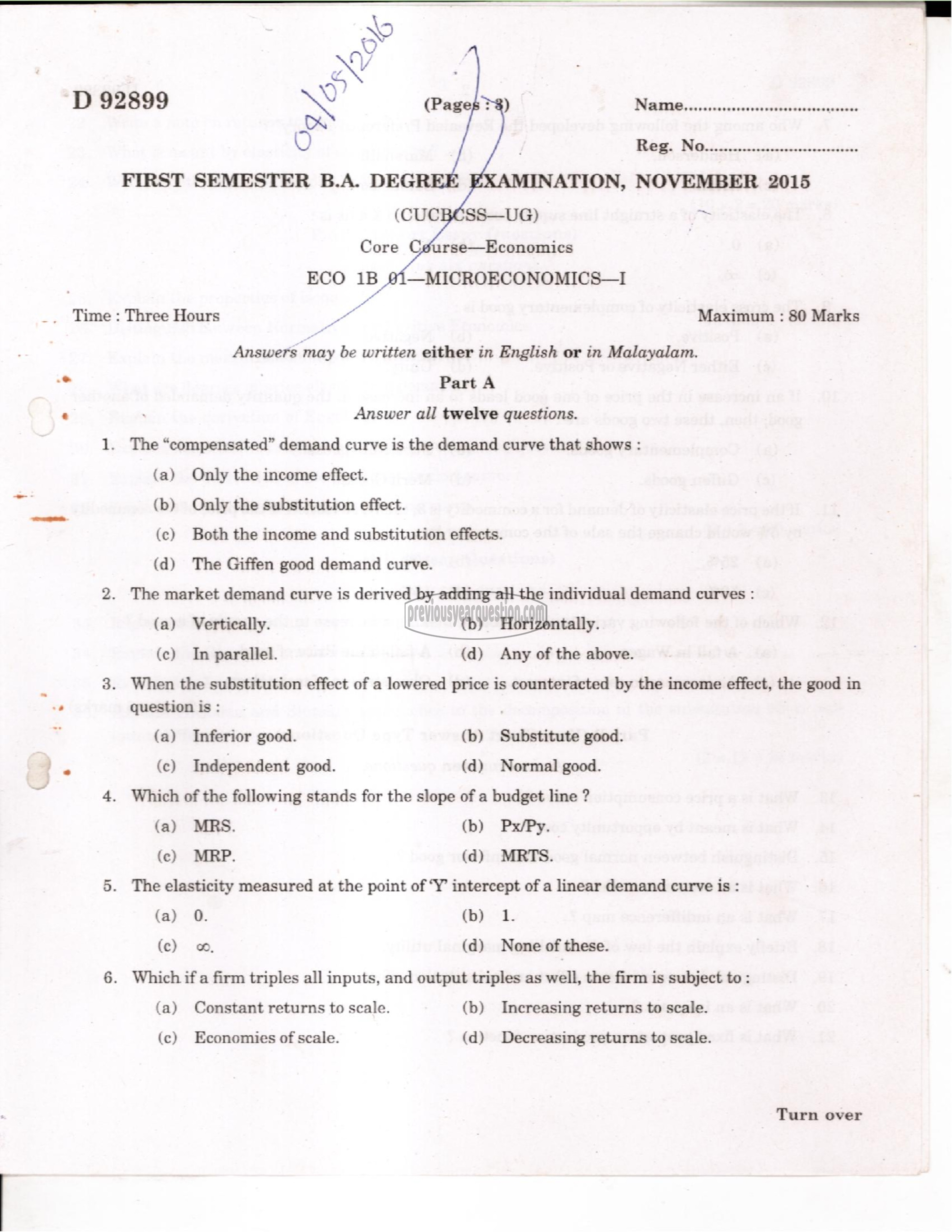 Question Paper - Microeconomics I-1