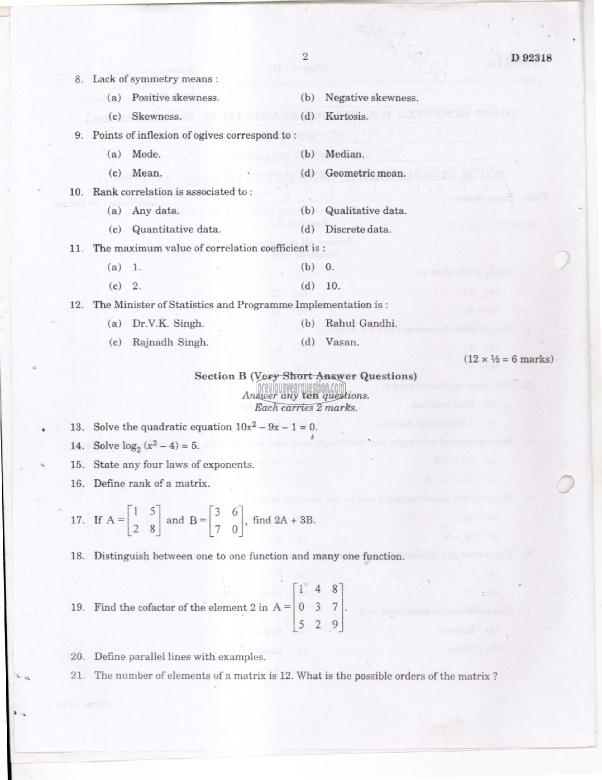 Question Paper - Quantitative Methods for Economic Analysis I-2