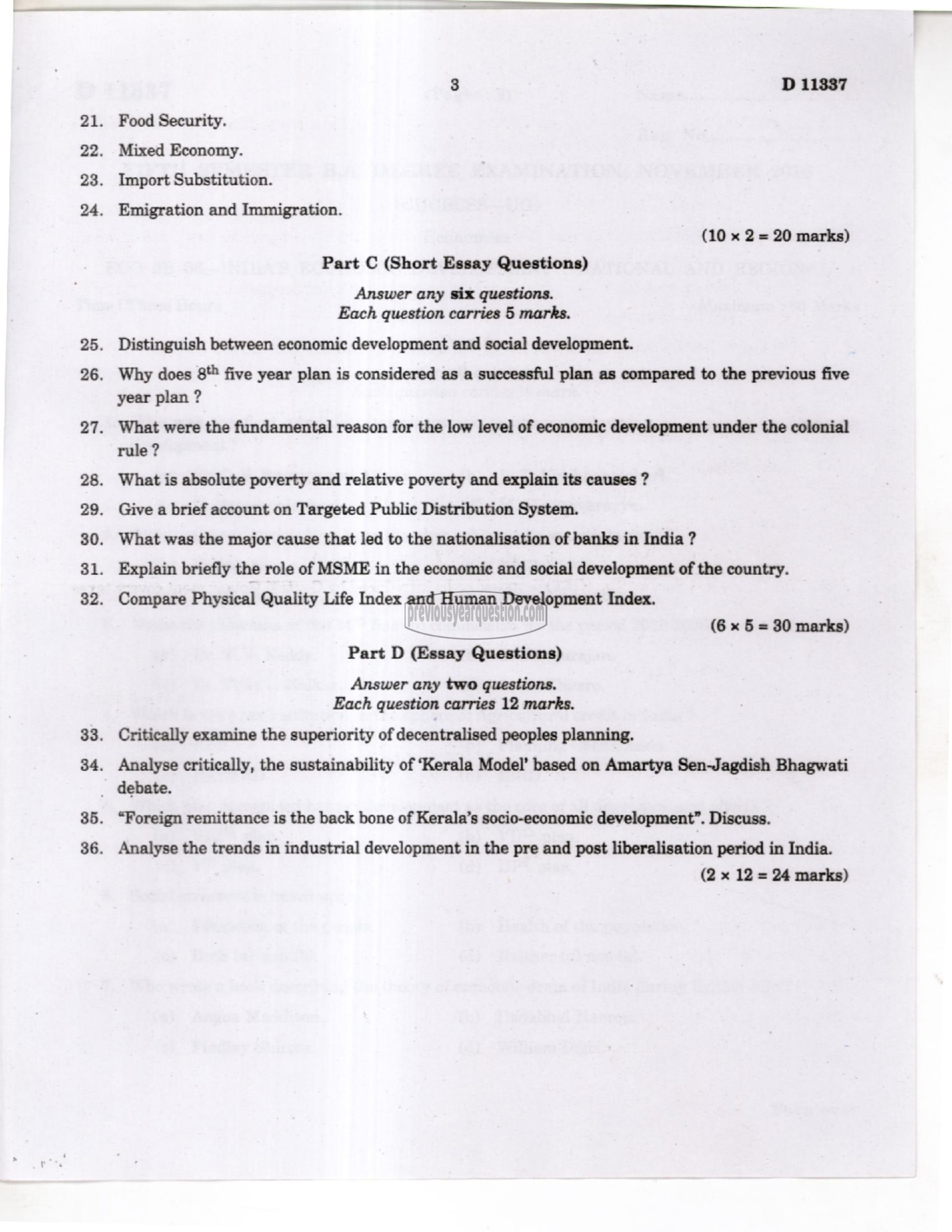 Question Paper - Indian Economic Development-3