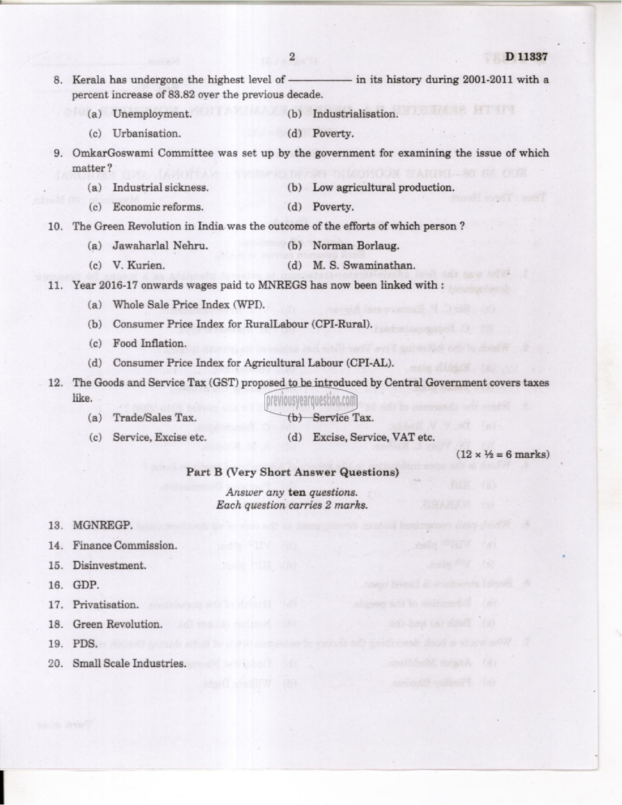 Question Paper - Indian Economic Development-2