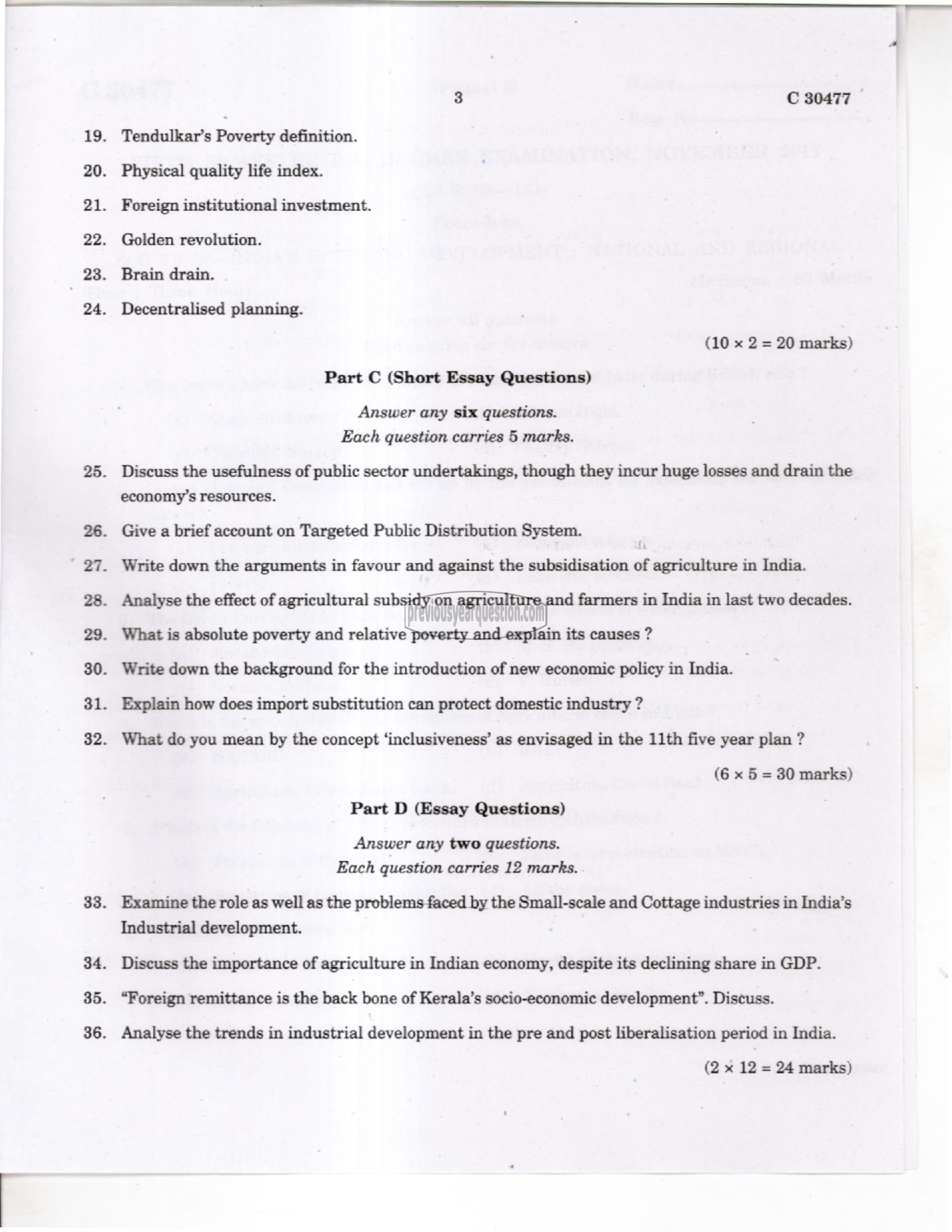 Question Paper - Indian Economic Development-3