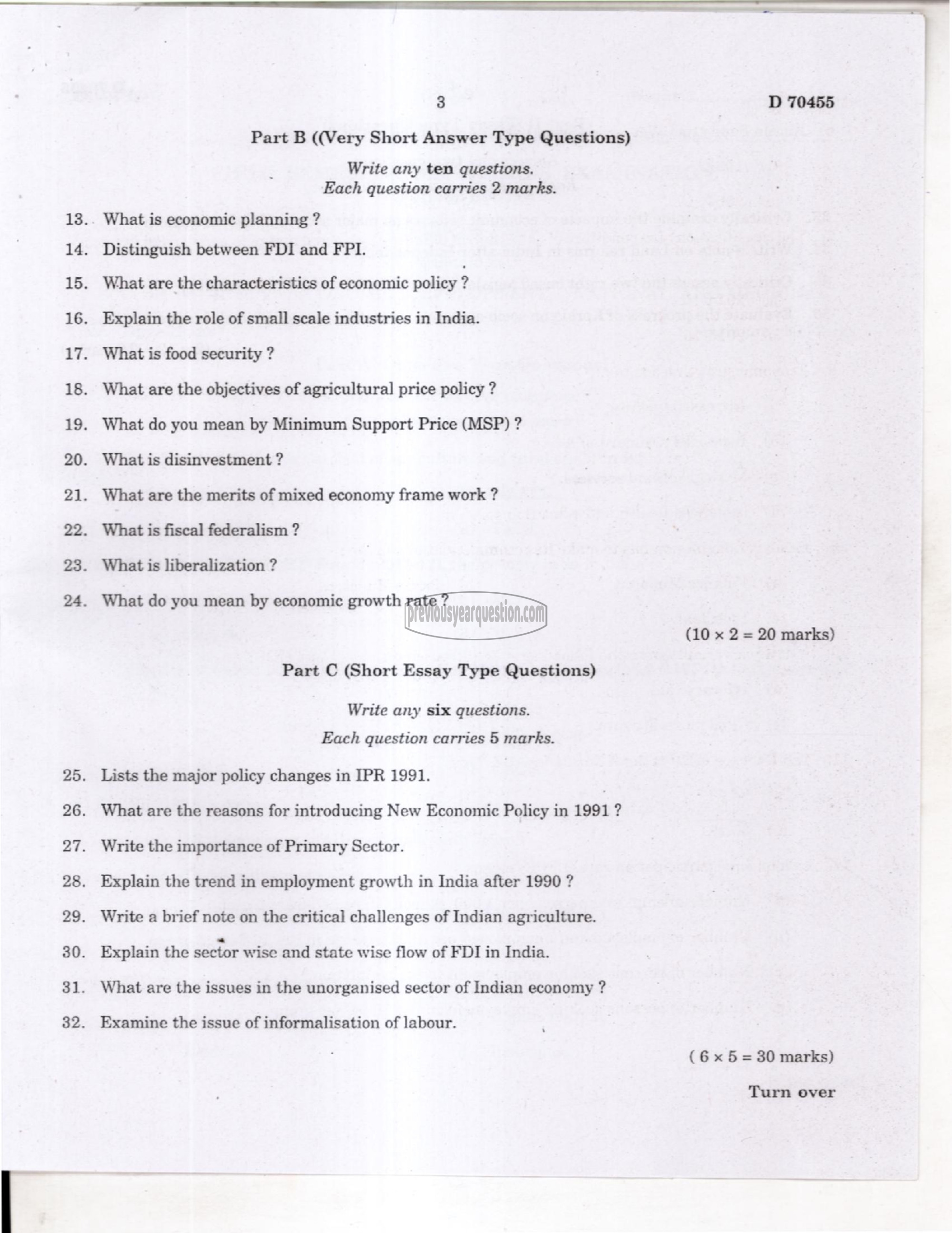 Question Paper - Indian Economic Development-3