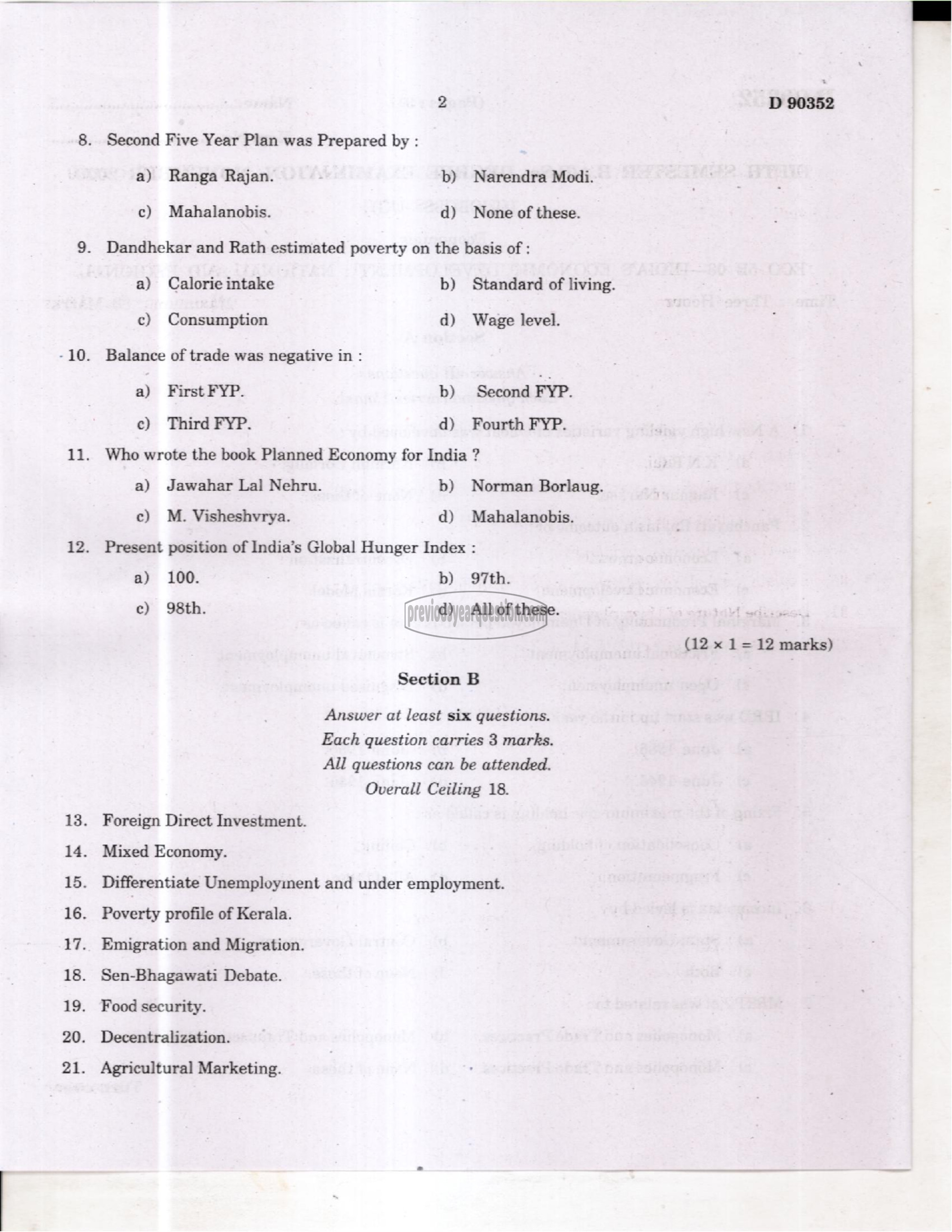 Question Paper - Indian Economic Development-2