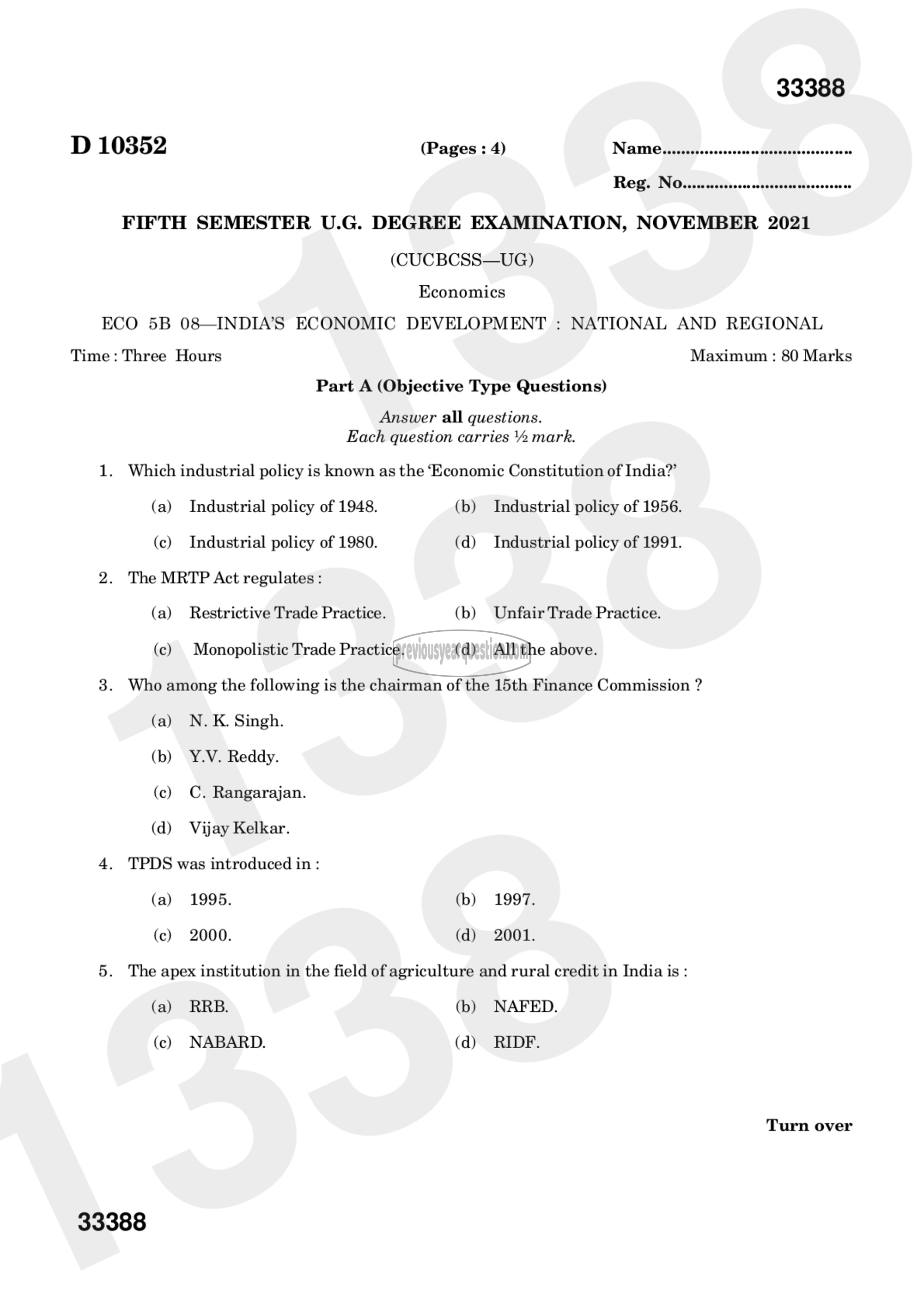 Question Paper - Indian Economic Development-1