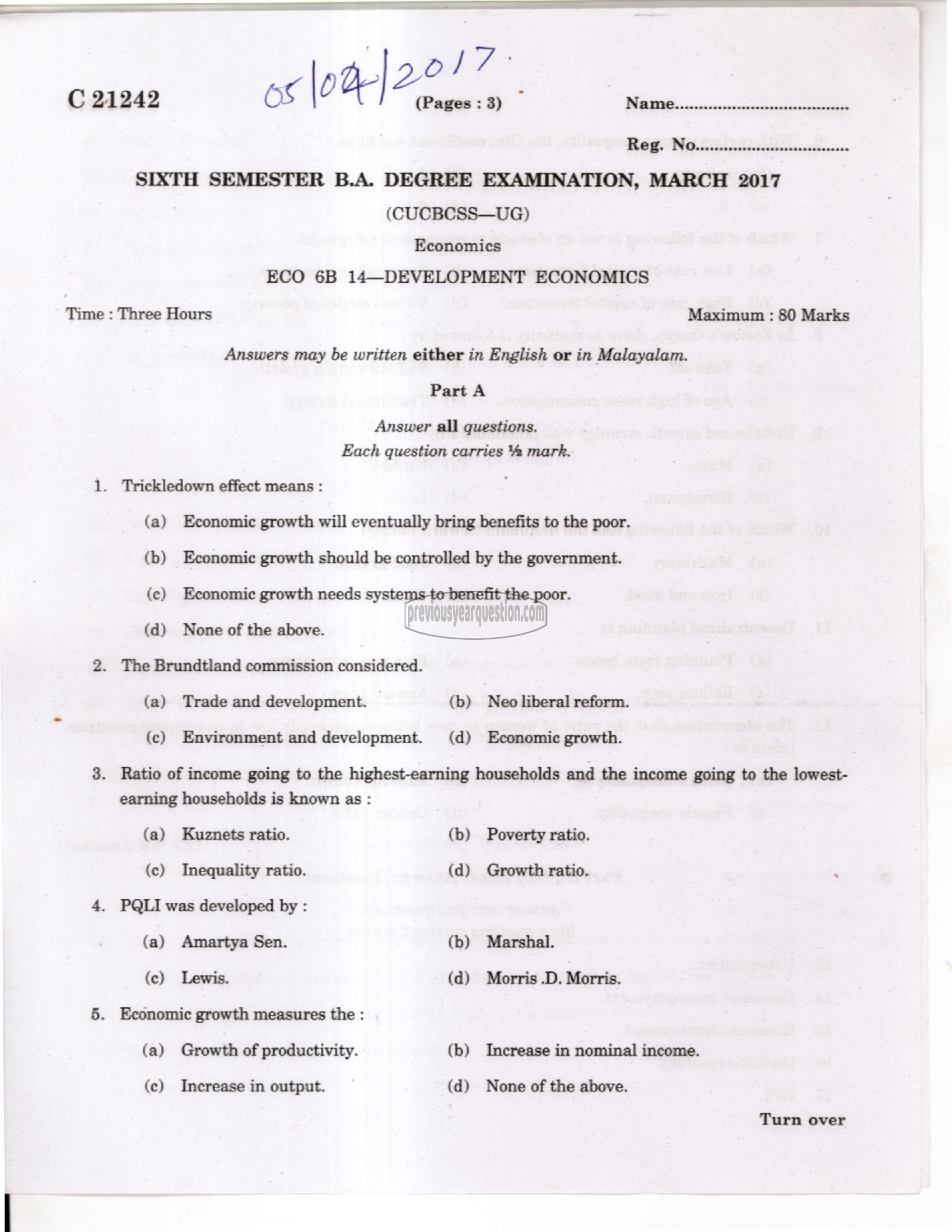 Question Paper - Economics of Growth and Development-1