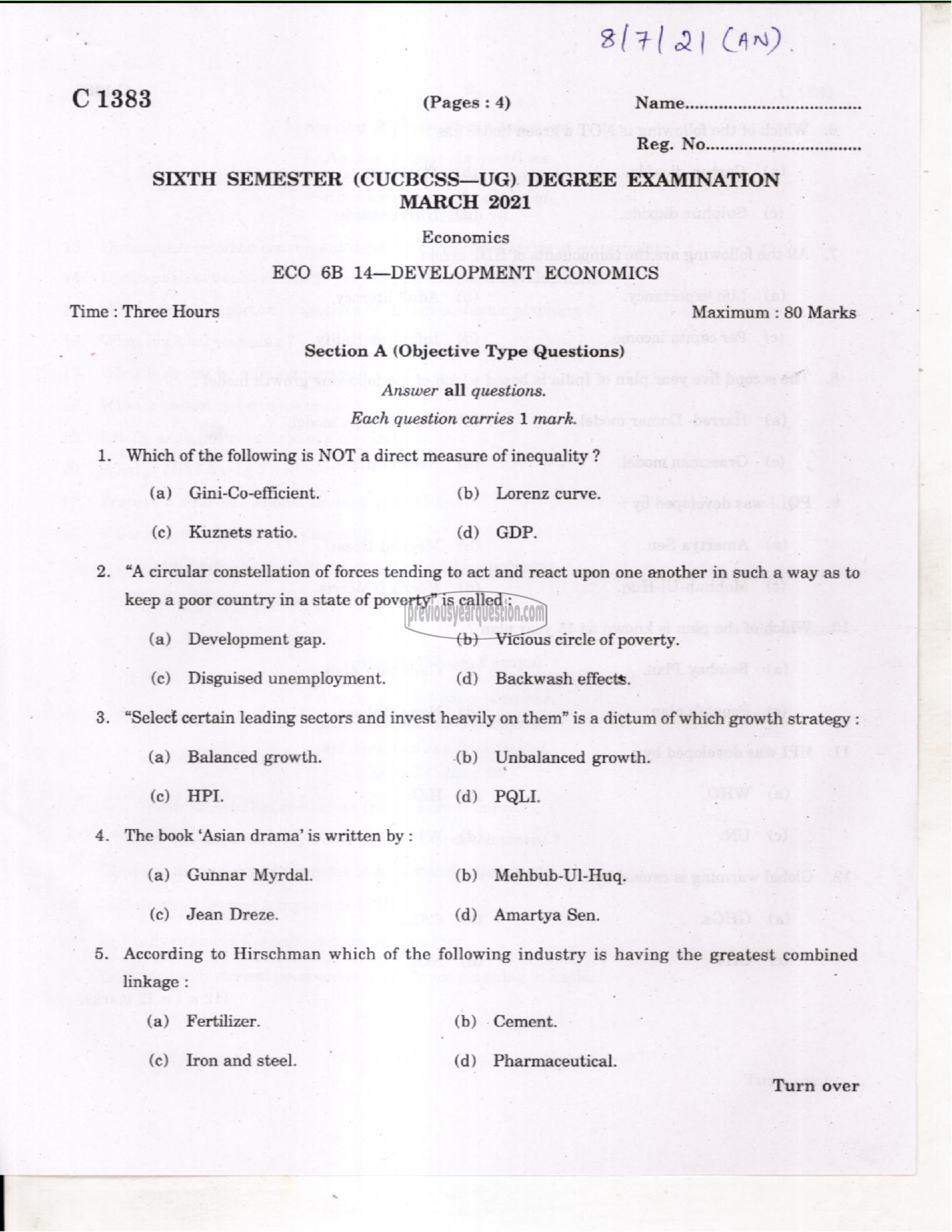 Question Paper - Economics of Growth and Development-1