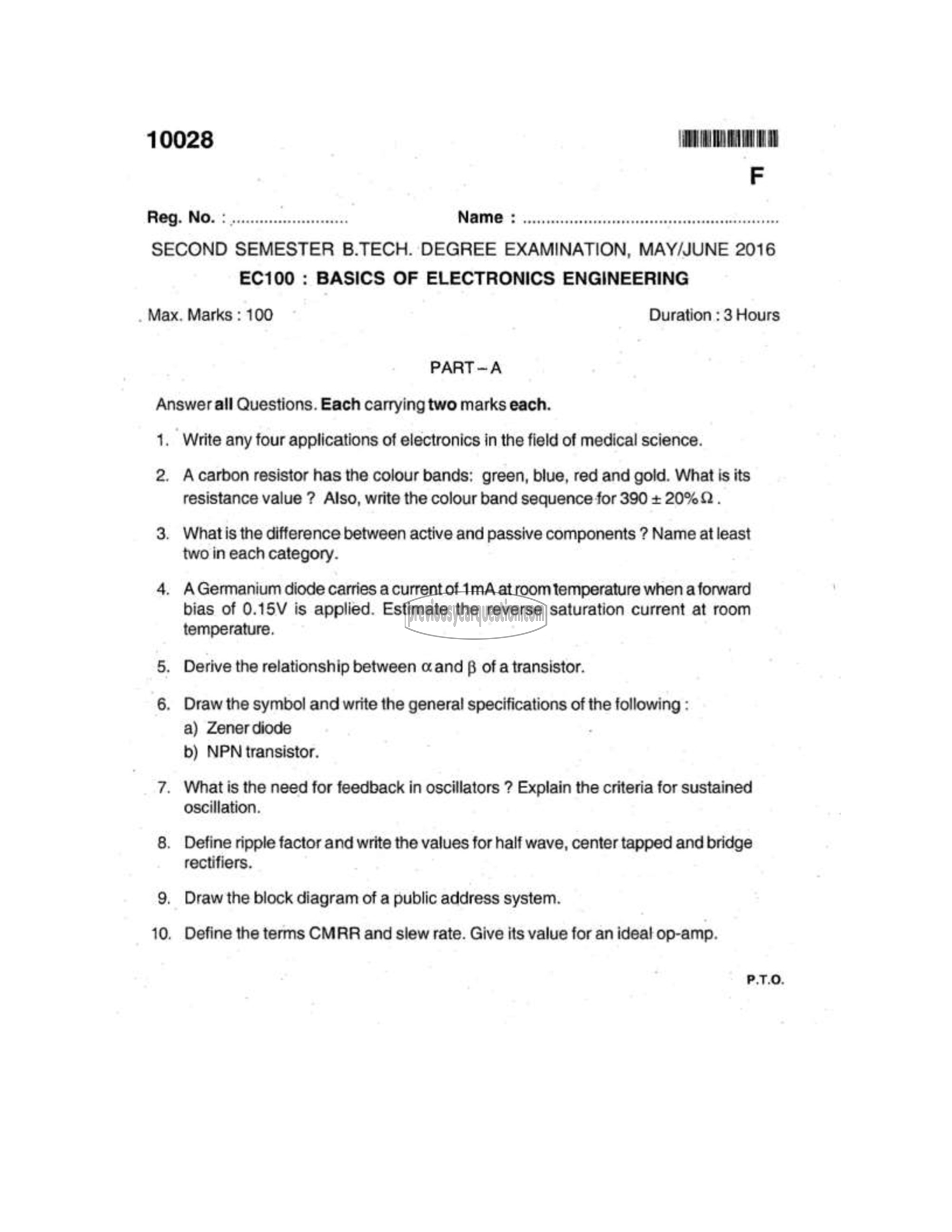 Question Paper - BASICS OF ELECTRONICS ENGINEERING-1