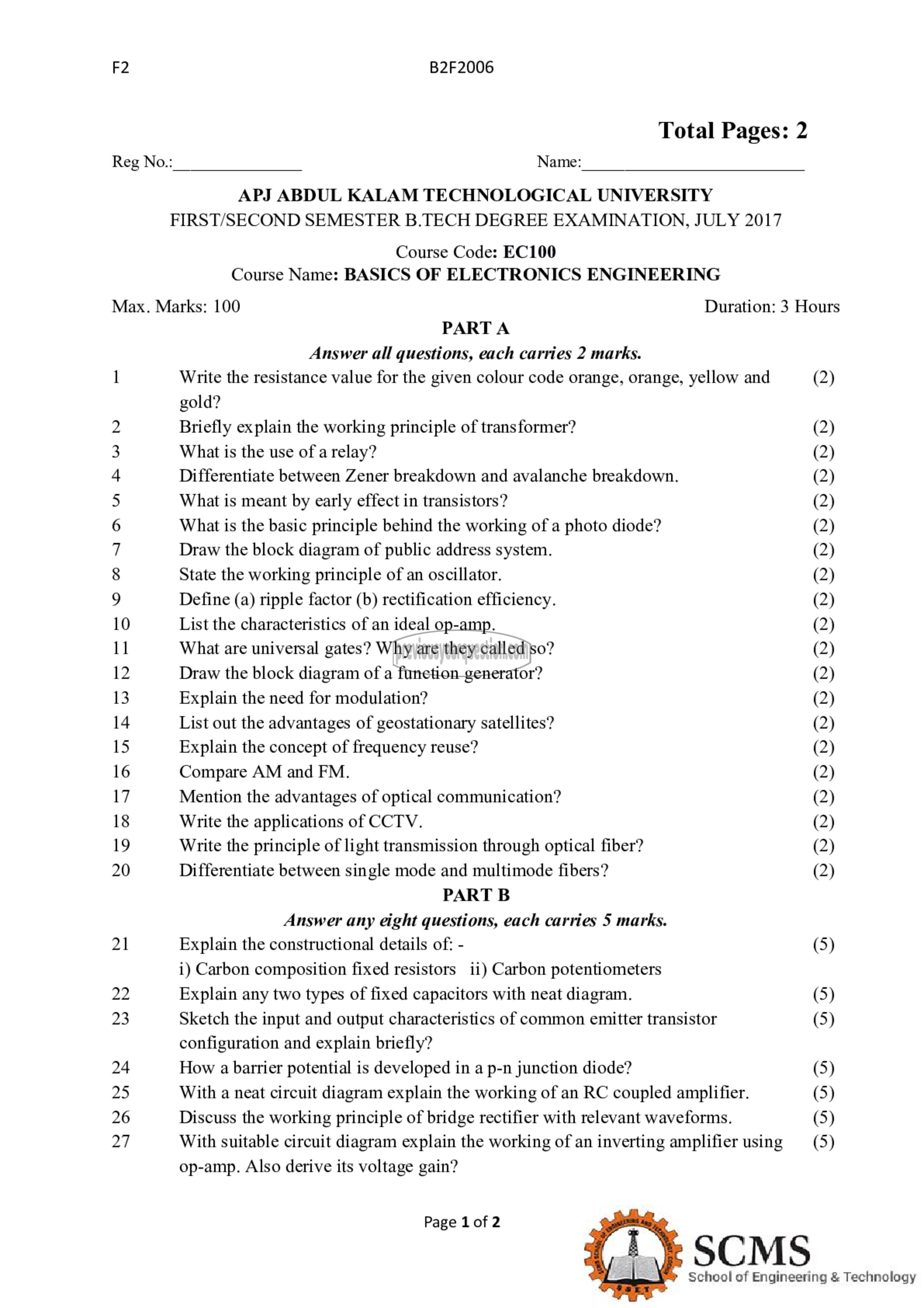 Question Paper - BASICS OF ELECTRONICS ENGINEERING-1