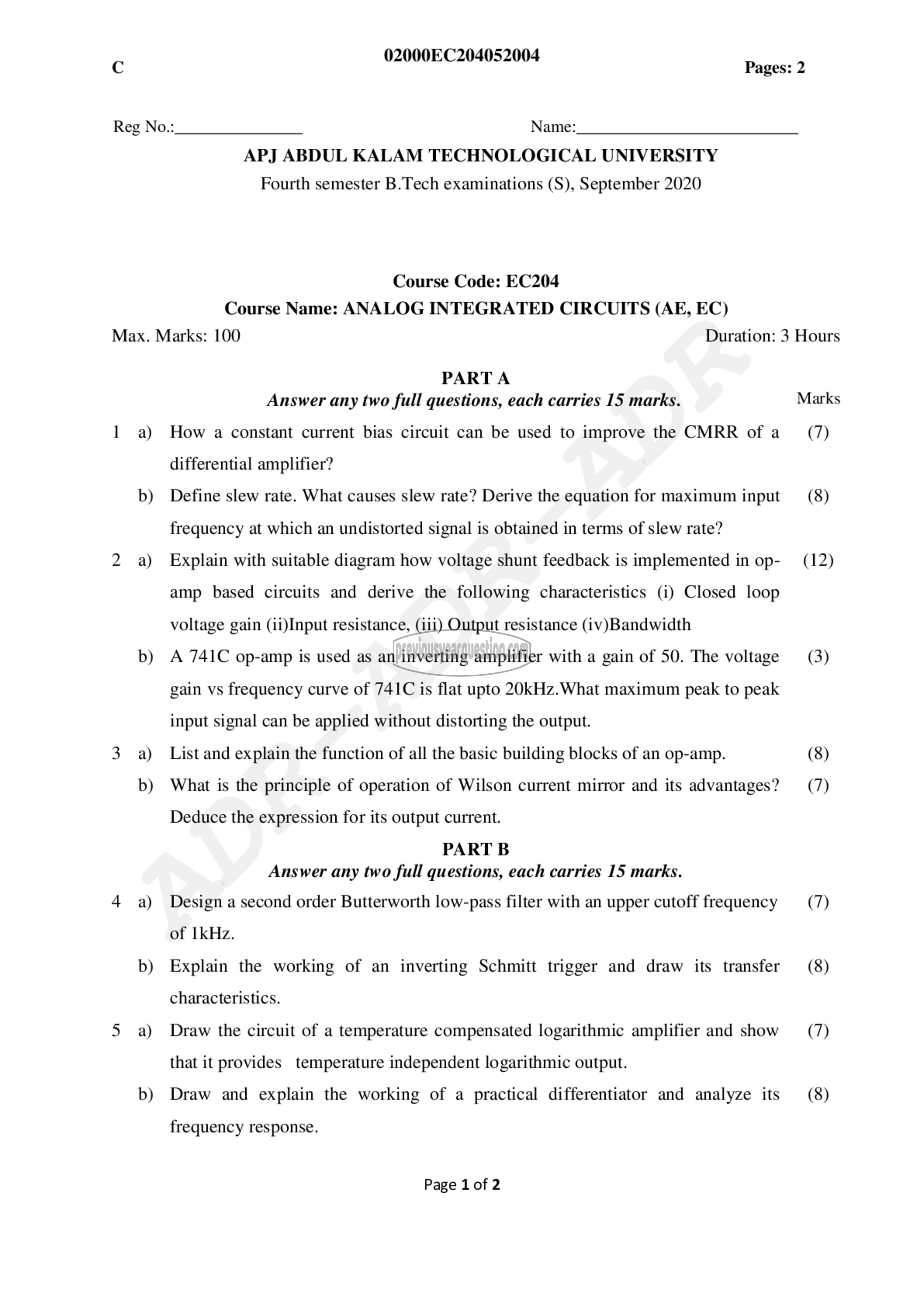 Question Paper - Analog Integrated Circuits-1