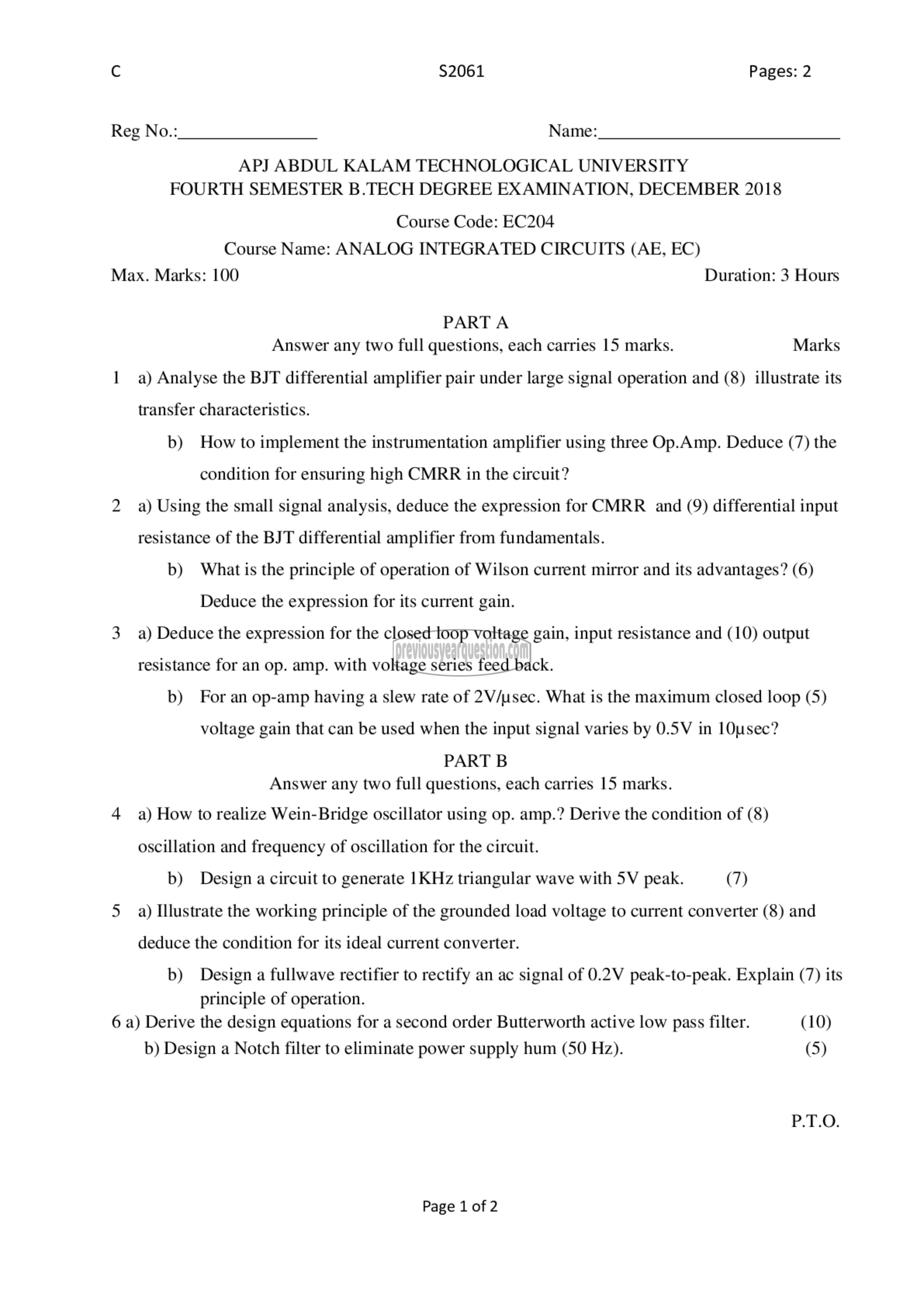 Question Paper - Analog Integrated Circuits-1