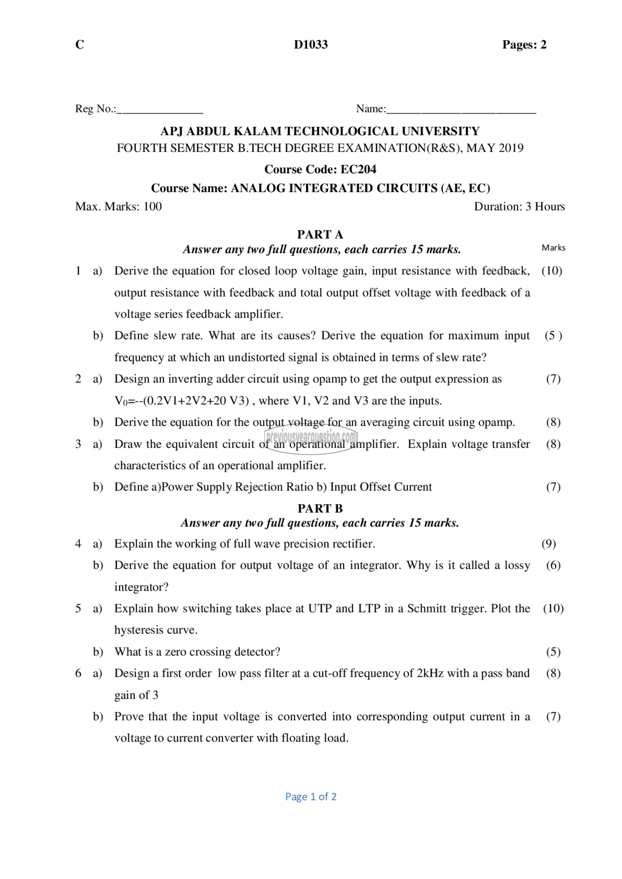 Question Paper - Analog Integrated Circuits-1