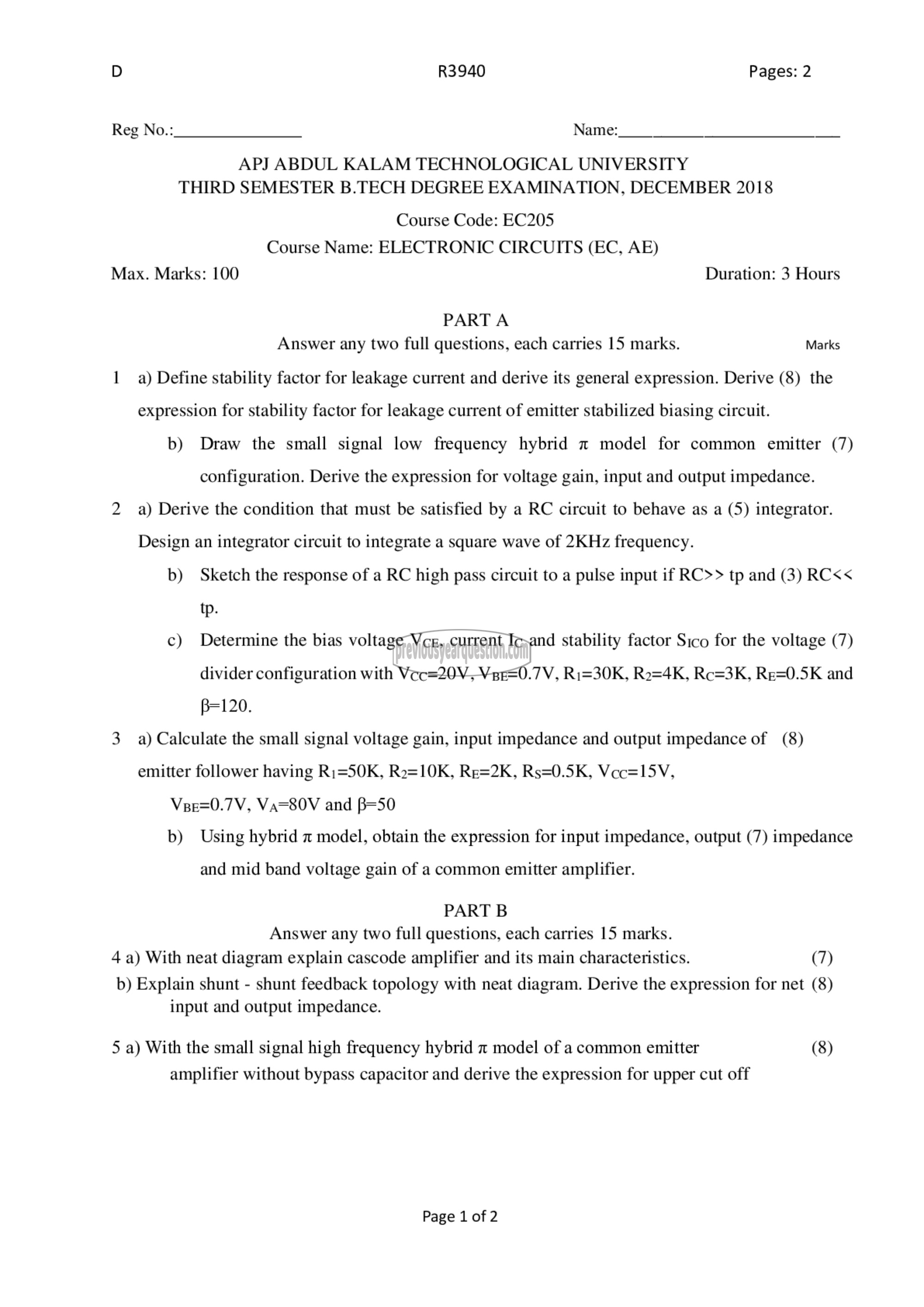 Question Paper - Electronic Circuits-1