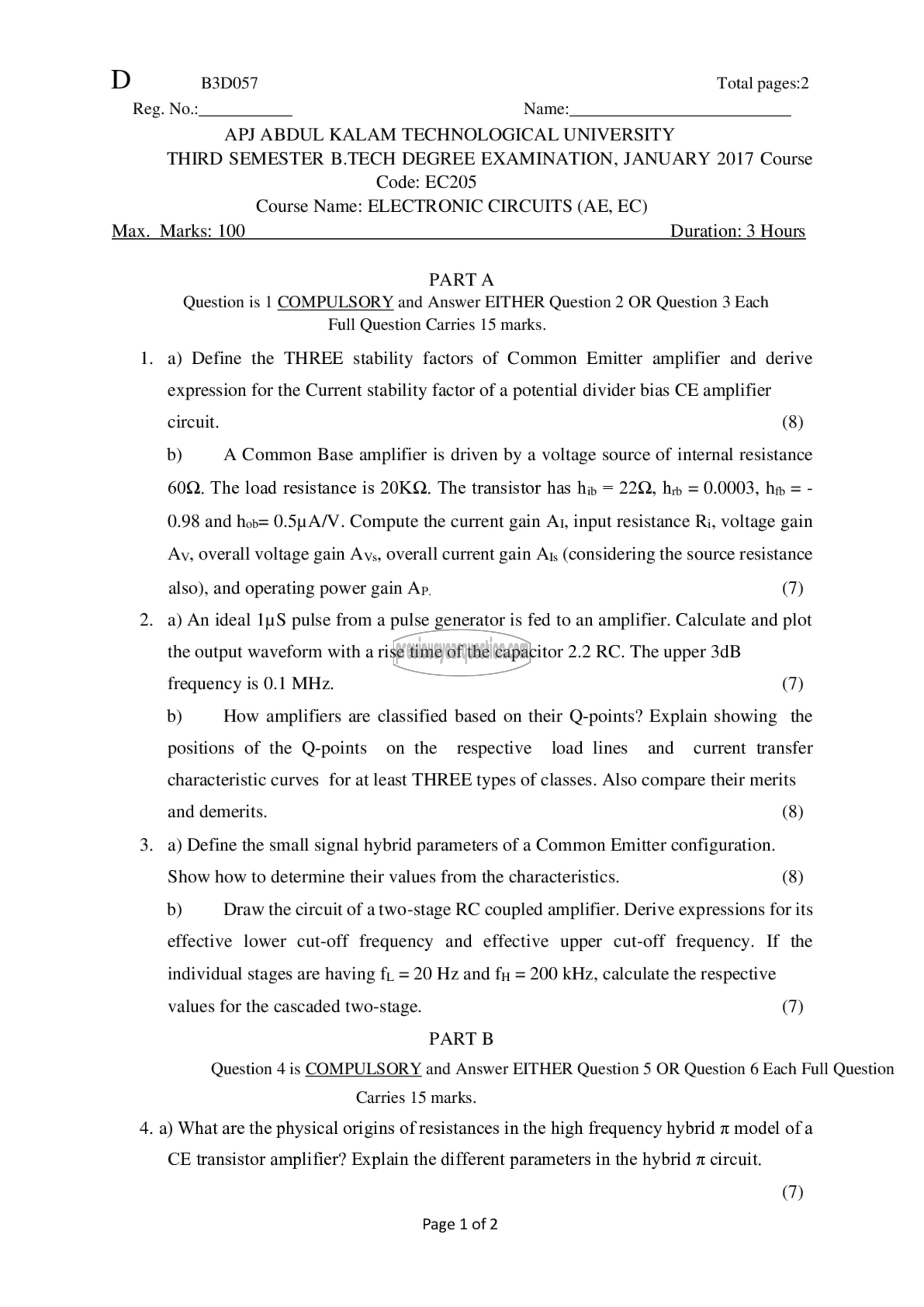 Question Paper - Electronic Circuits-1