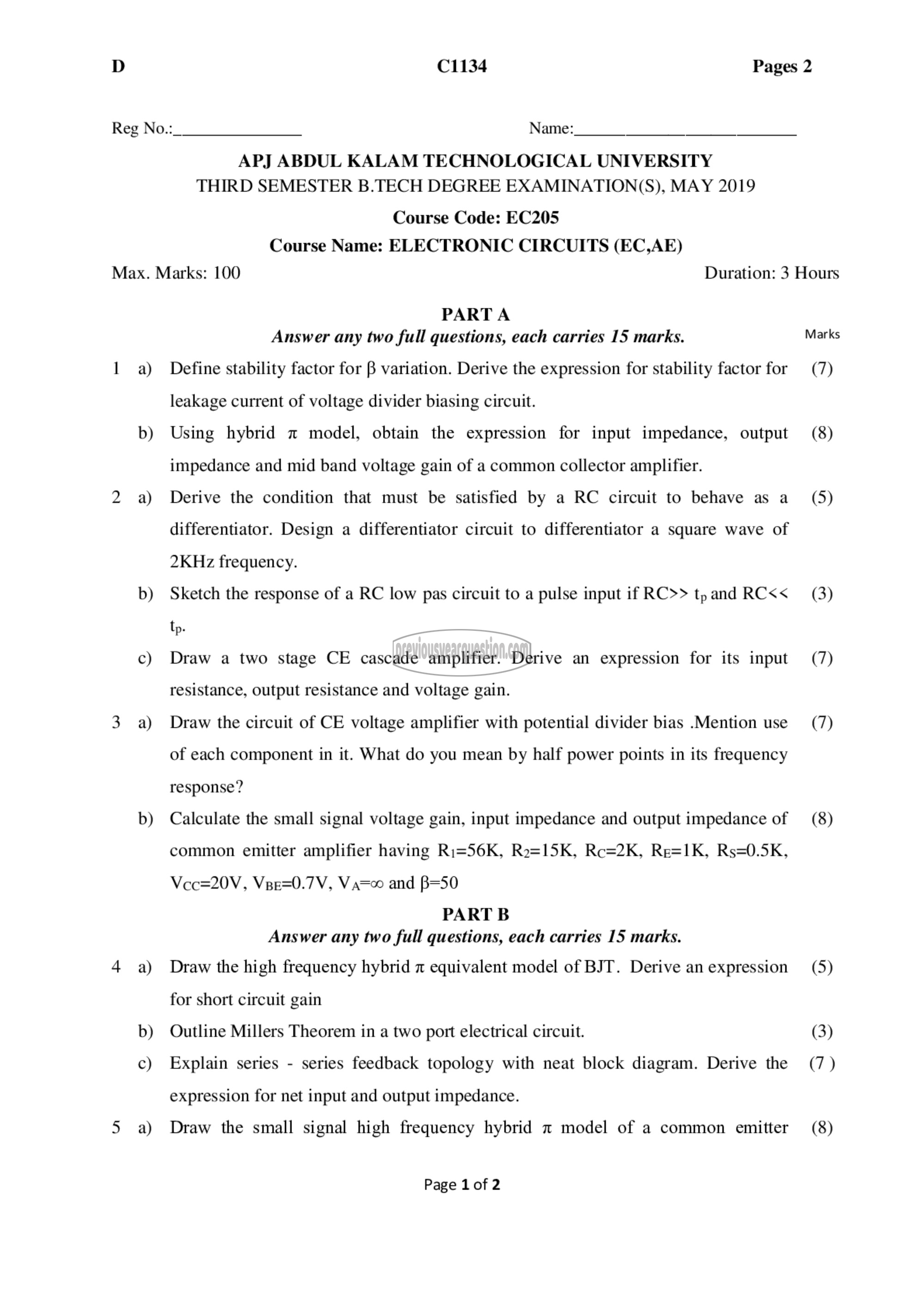 Question Paper - Electronic Circuits-1