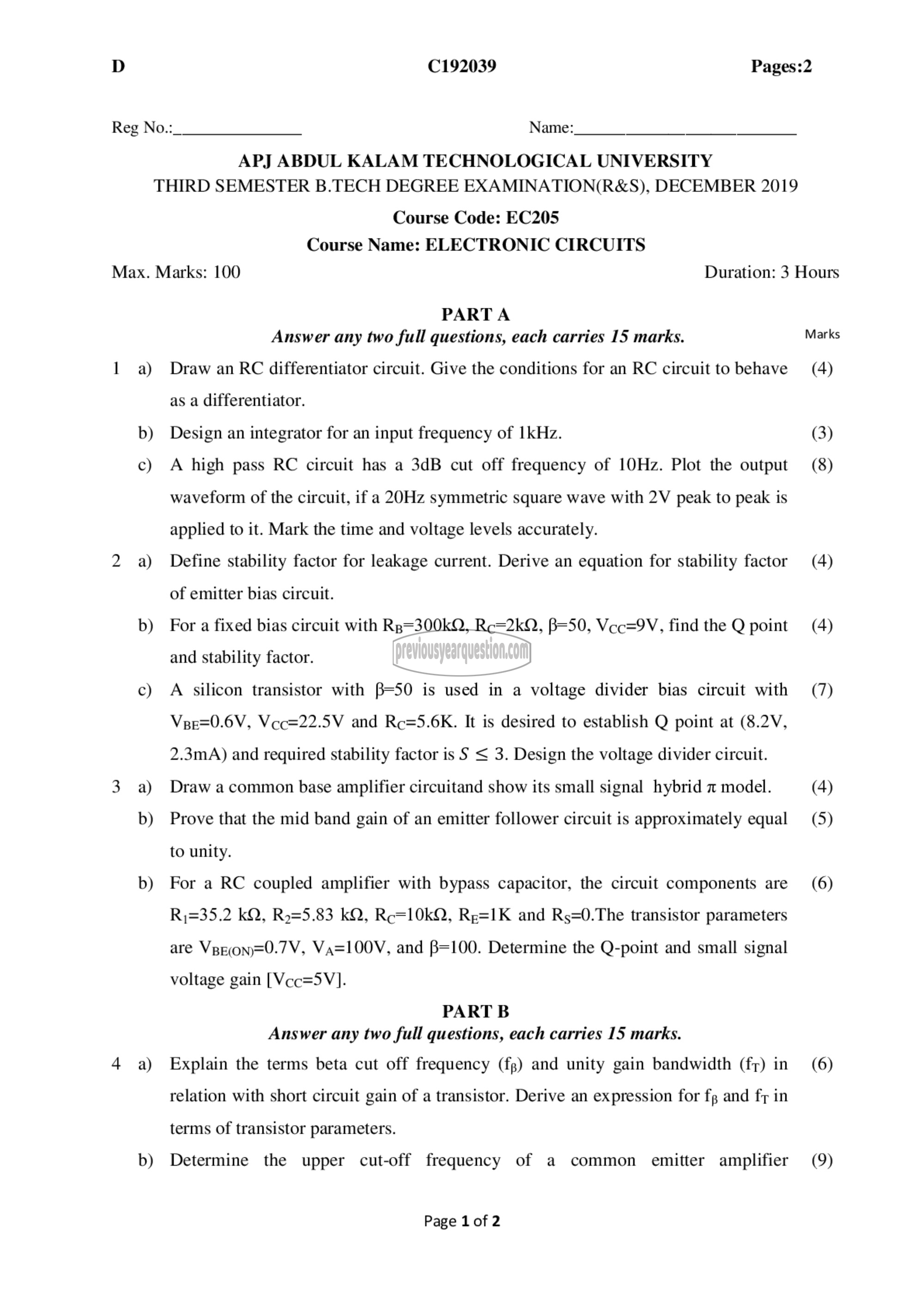 Question Paper - Electronic Circuits-1