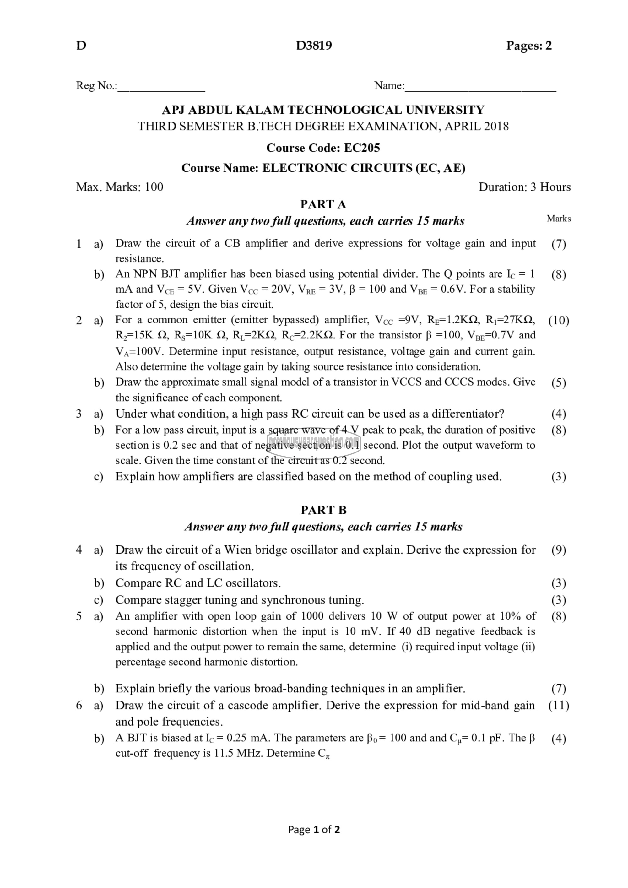 Question Paper - Electronic Circuits-1