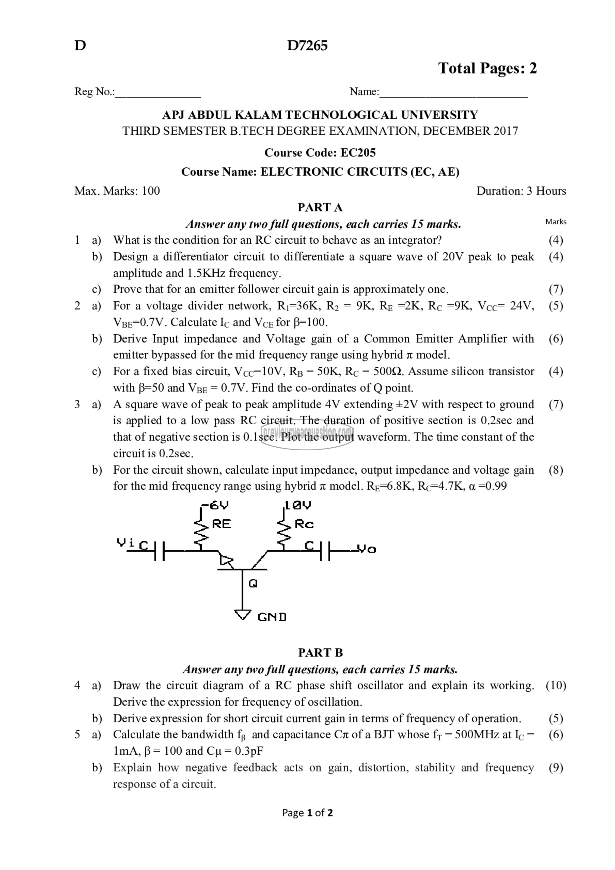 Question Paper - Electronic Circuits-1