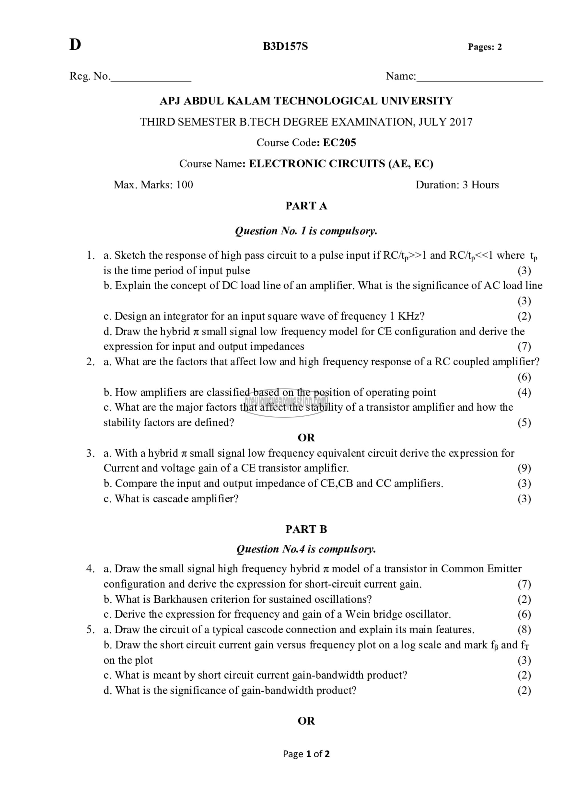 Question Paper - Electronic Circuits-1