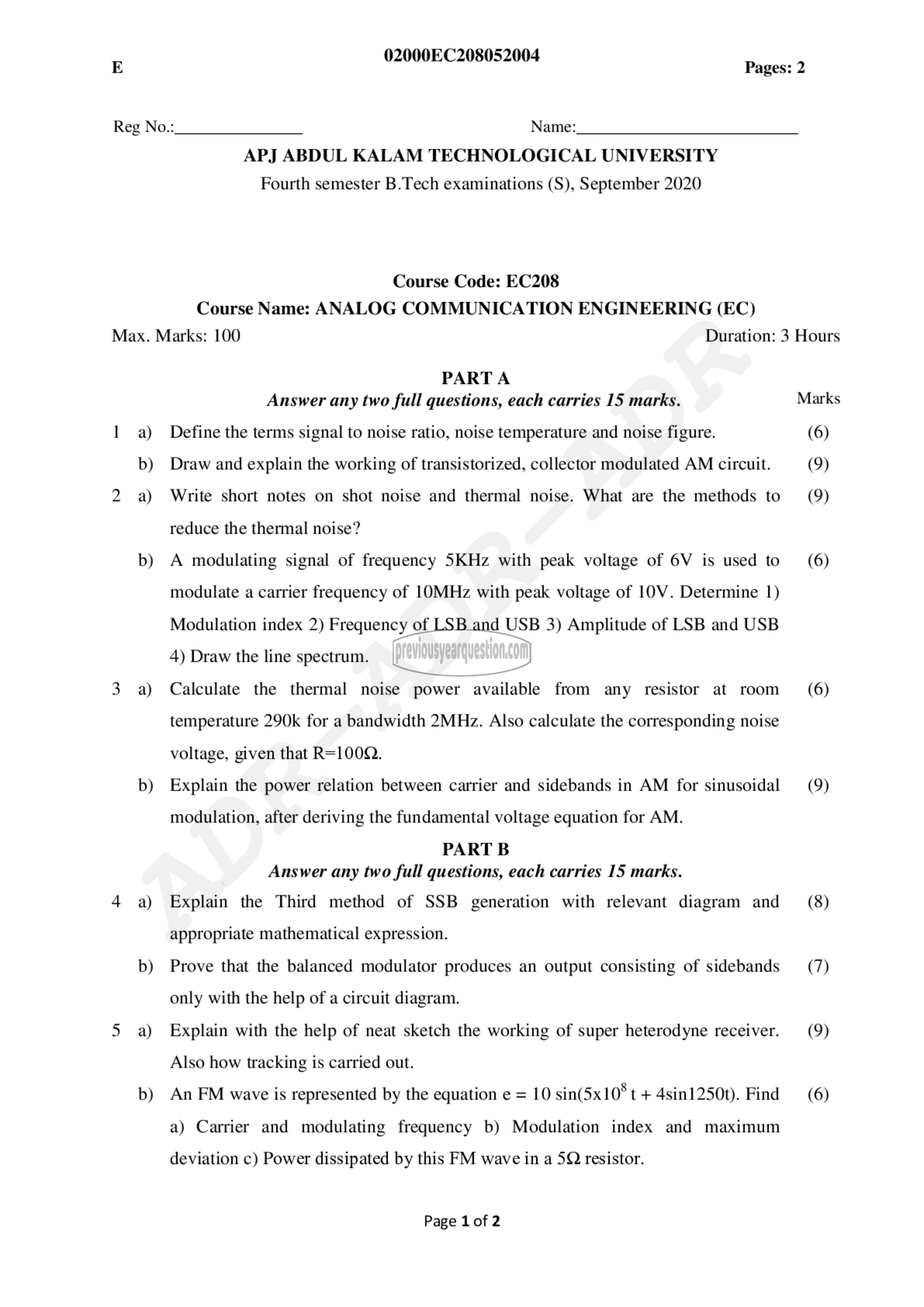 Question Paper - Analog Communication Engineering-1