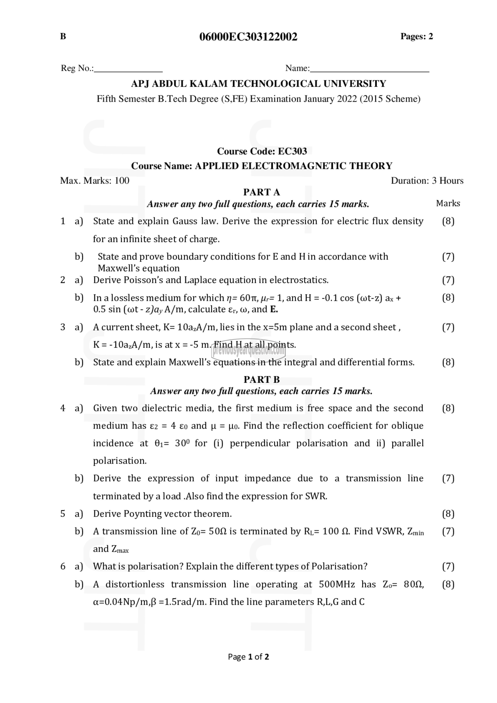 Question Paper - Applied Electromagnetic Theory-1