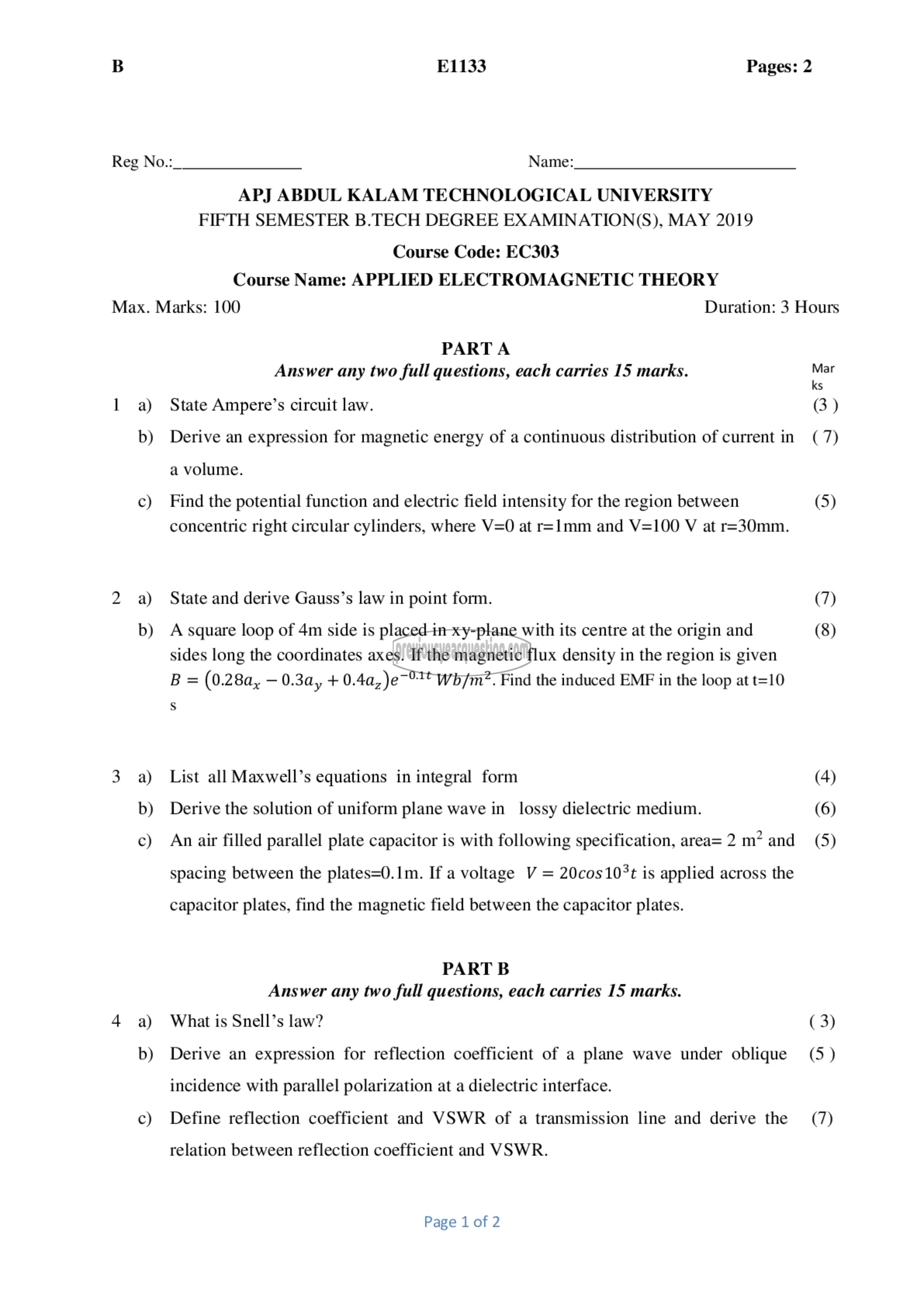 Question Paper - Applied Electromagnetic Theory-1