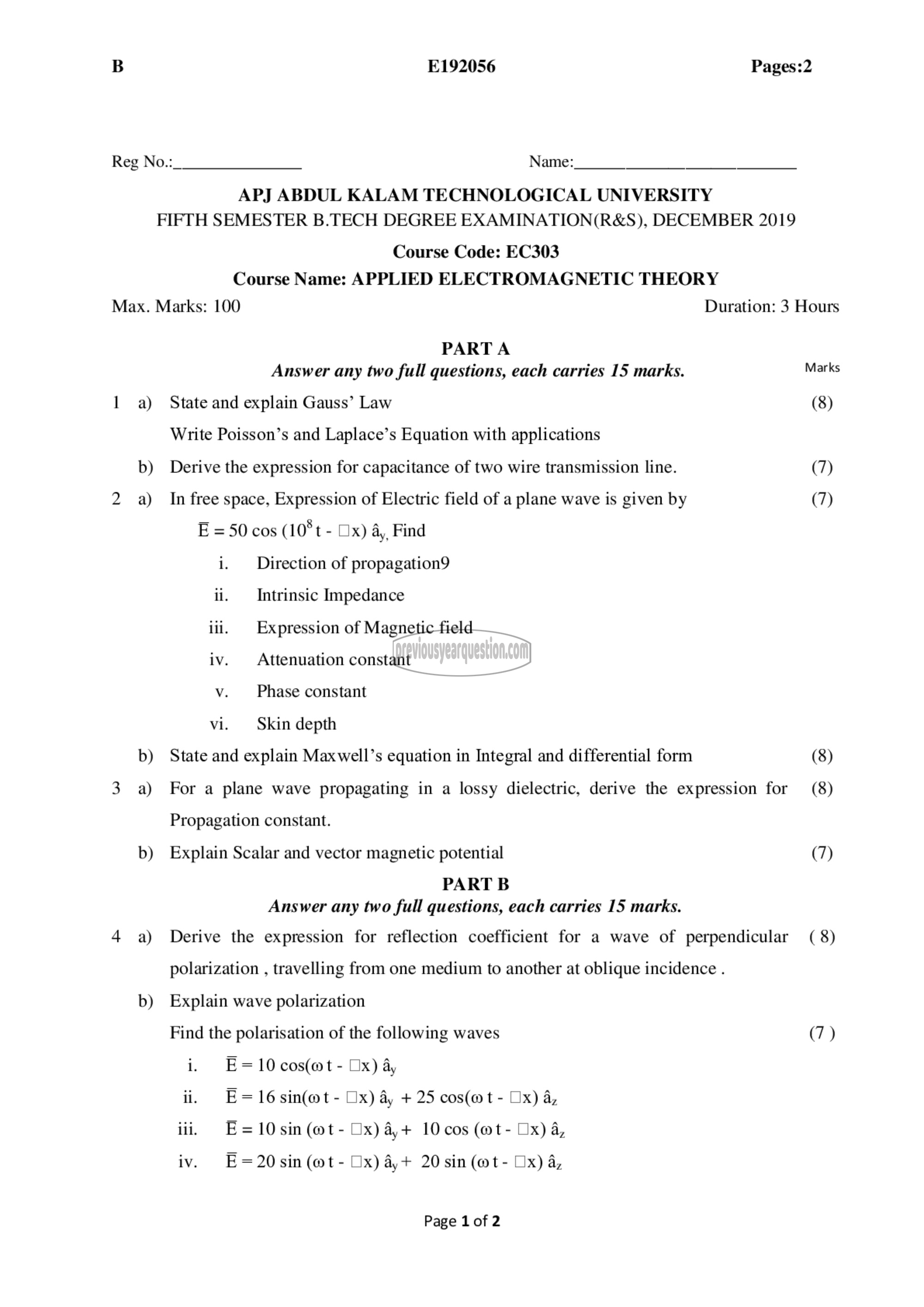 Question Paper - Applied Electromagnetic Theory-1