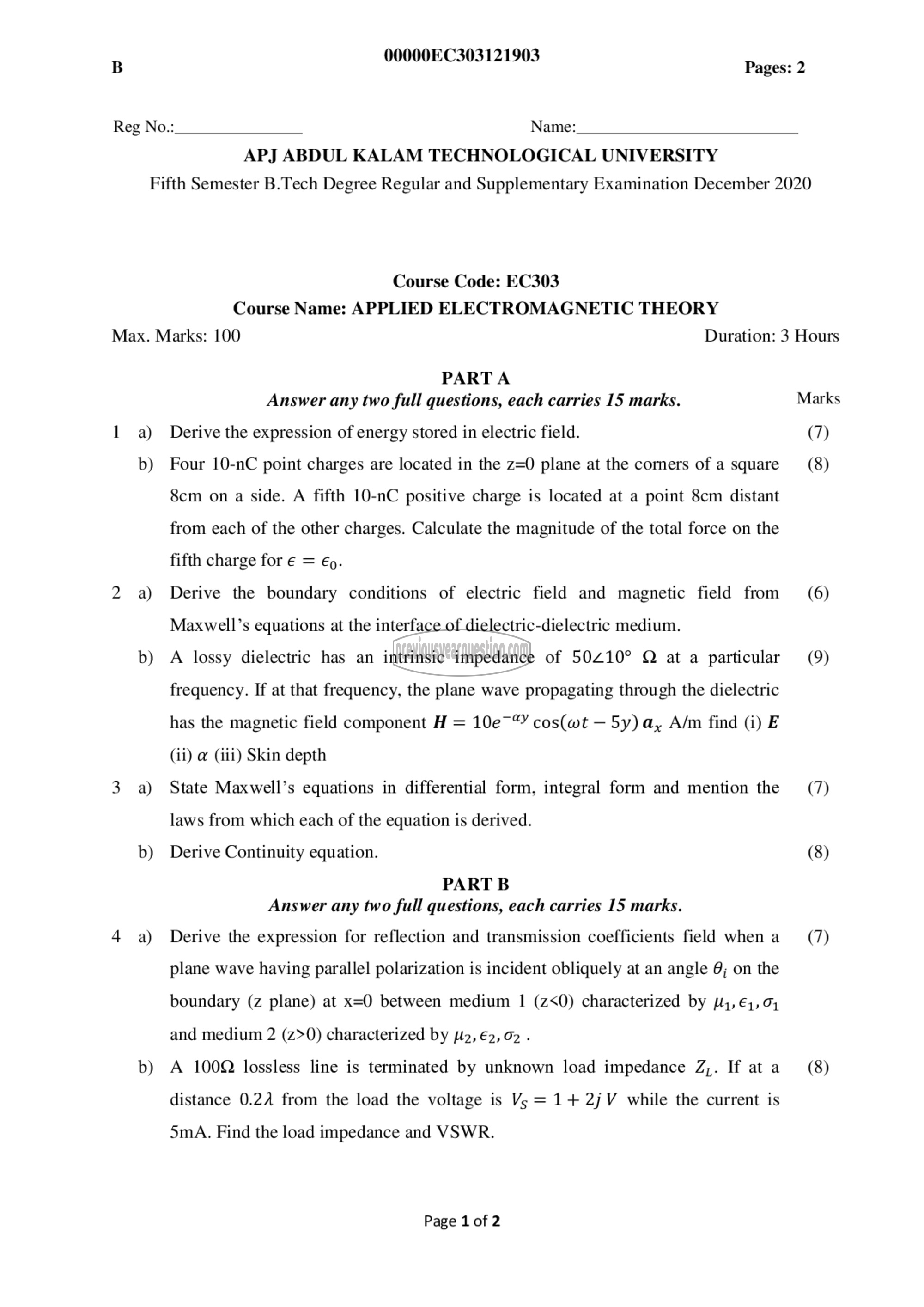 Question Paper - Applied Electromagnetic Theory-1