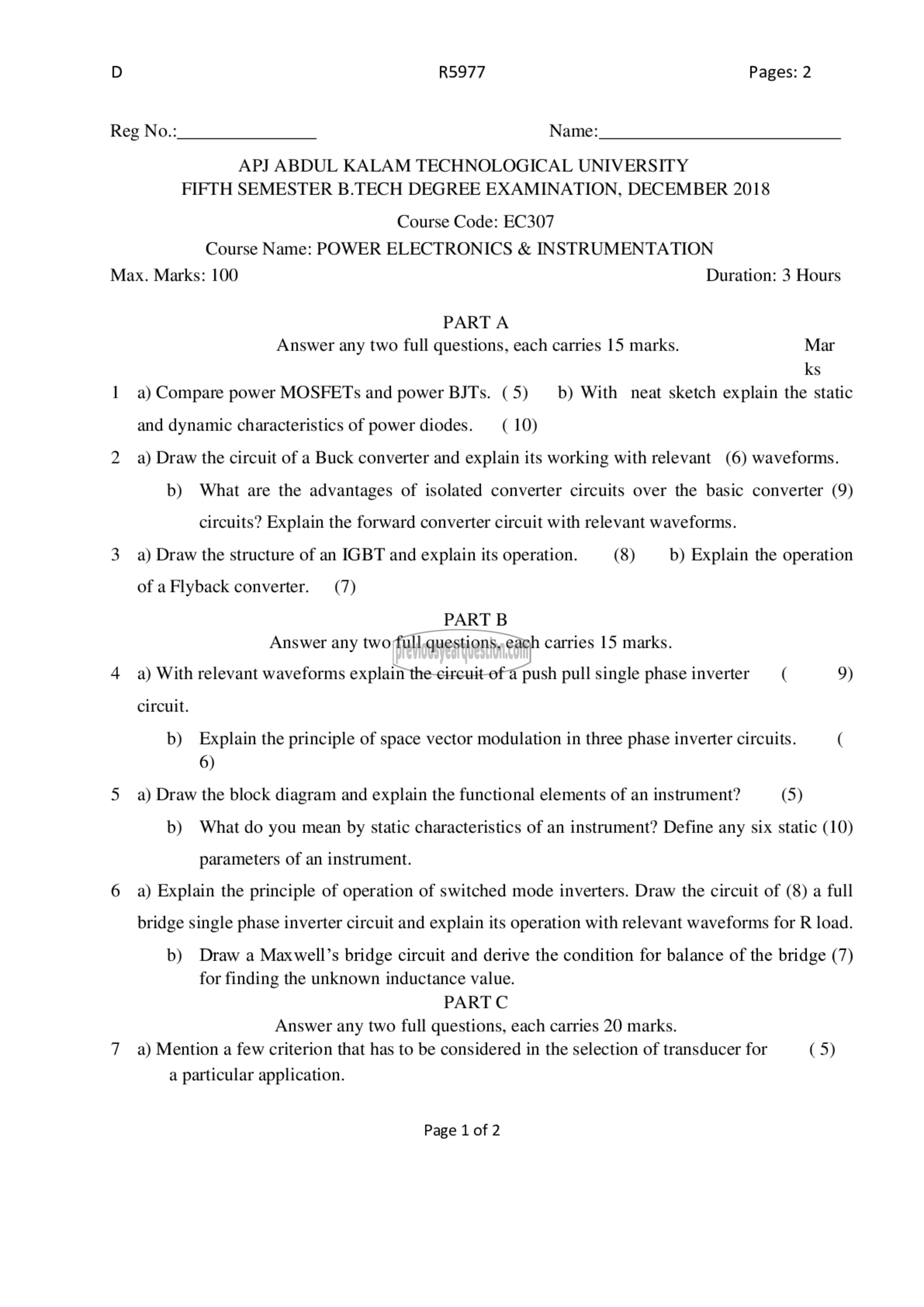 Question Paper - Power Electronics & Instrumentation-1