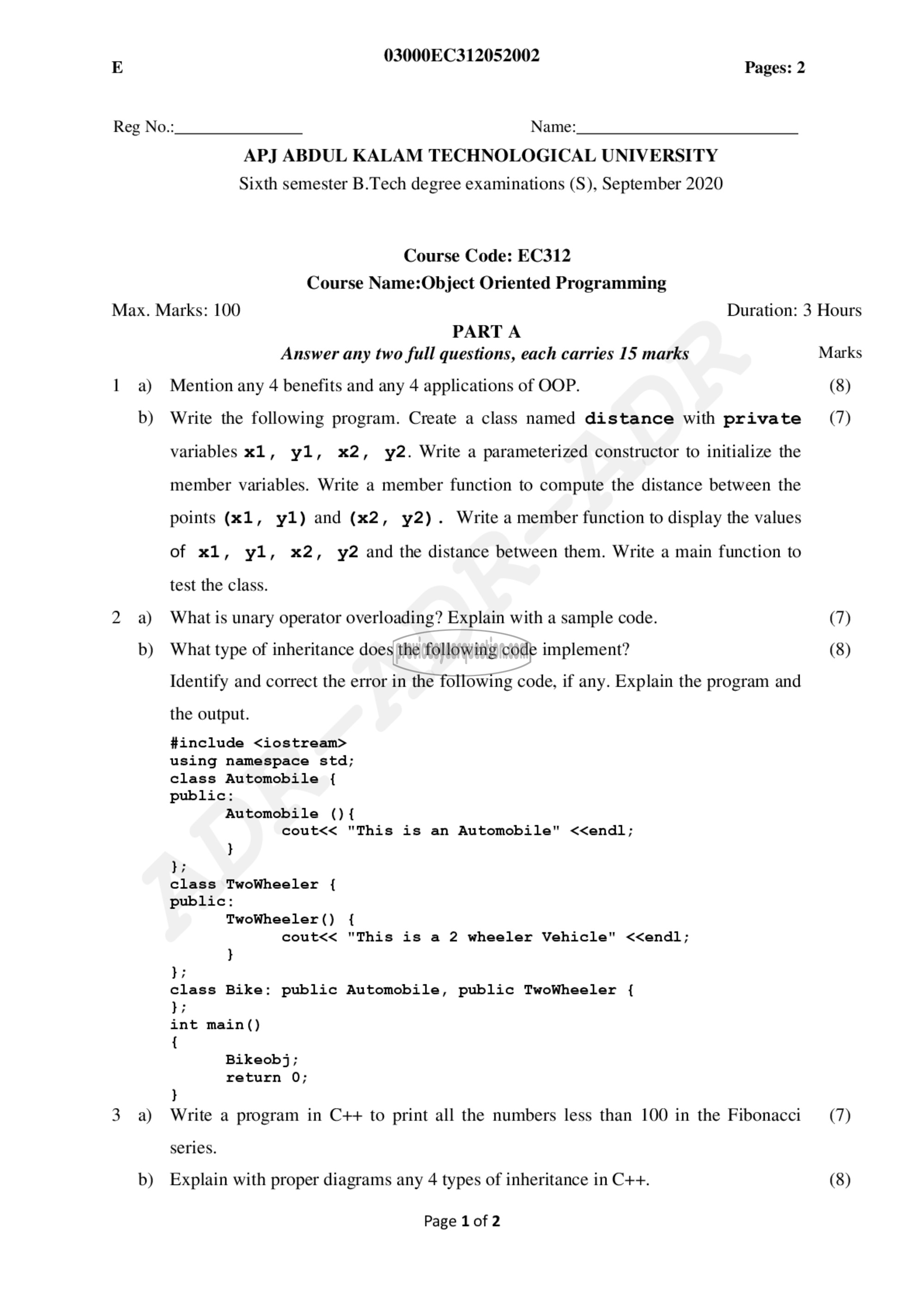 Question Paper - Object Oriented Programming-1